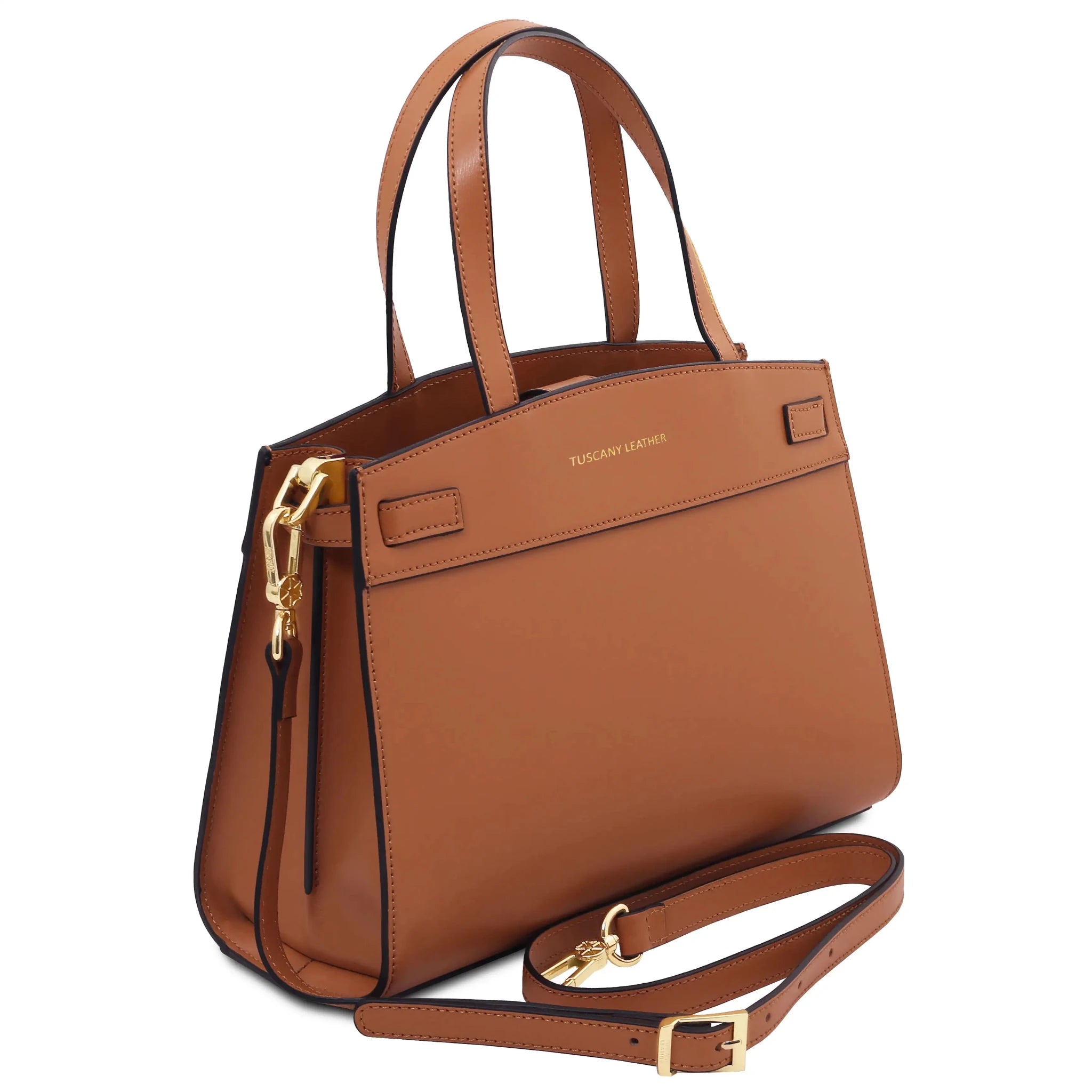 Front angled view Musa Italian Smooth Leather Tote Bag in cognac with detachable shoulder strap