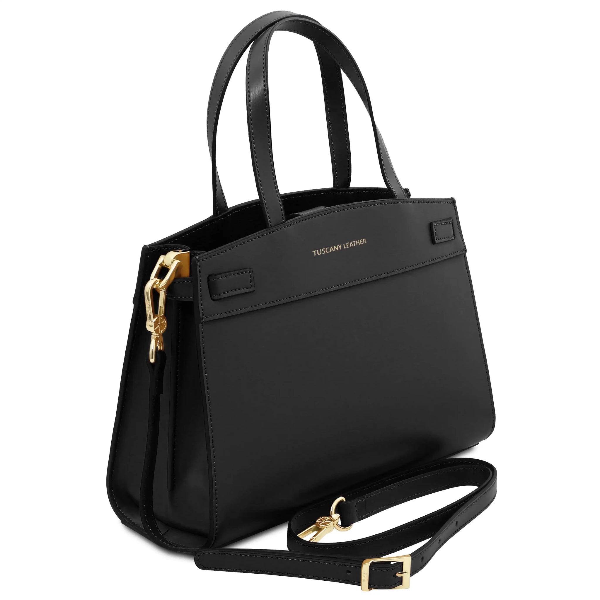 Front angled view Musa Italian Smooth Leather Tote Bag in black with shoulder strap