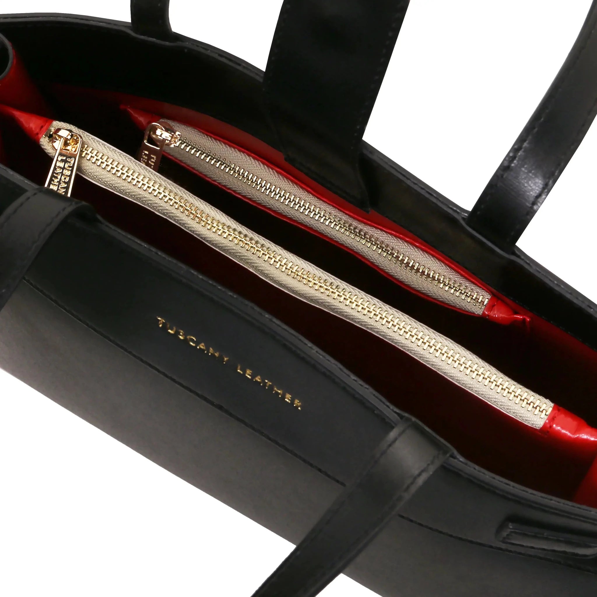 Interior zip pocket sview Musa Italian Smooth Leather Tote Bag in black with red lining