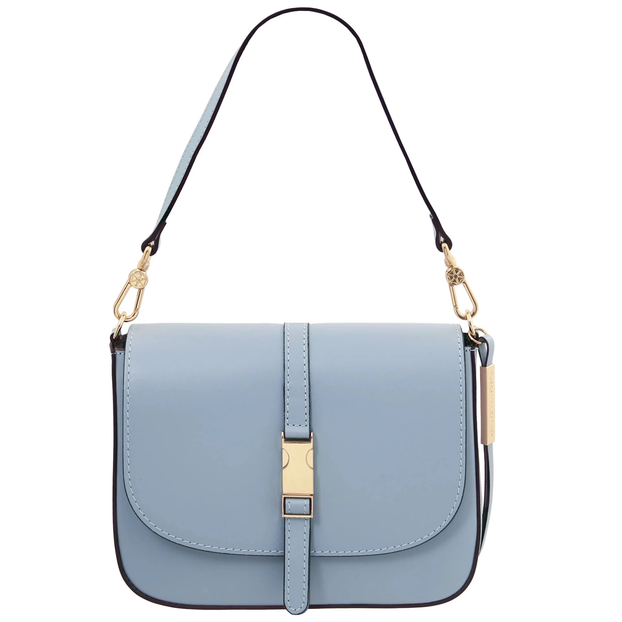 Front View Nausica Leather Shoulder Bag in light blue showing detachable handle golden hardware
