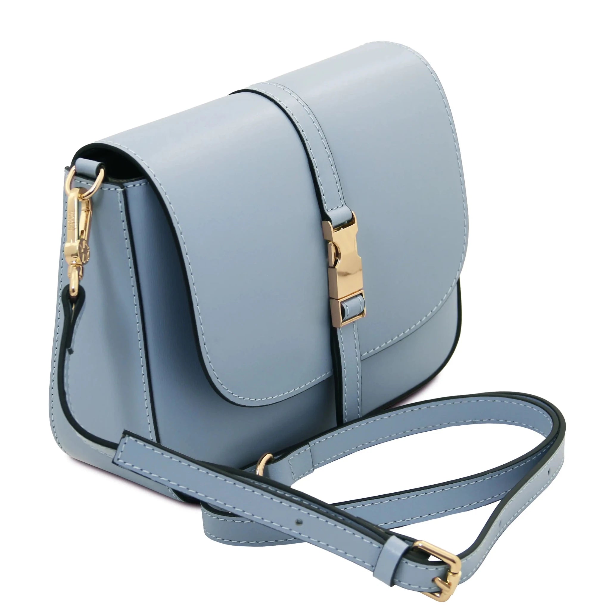Front View Nausica Leather Shoulder Bag in Light Blue showing removable handle and adjustable, detachable cross body strap.