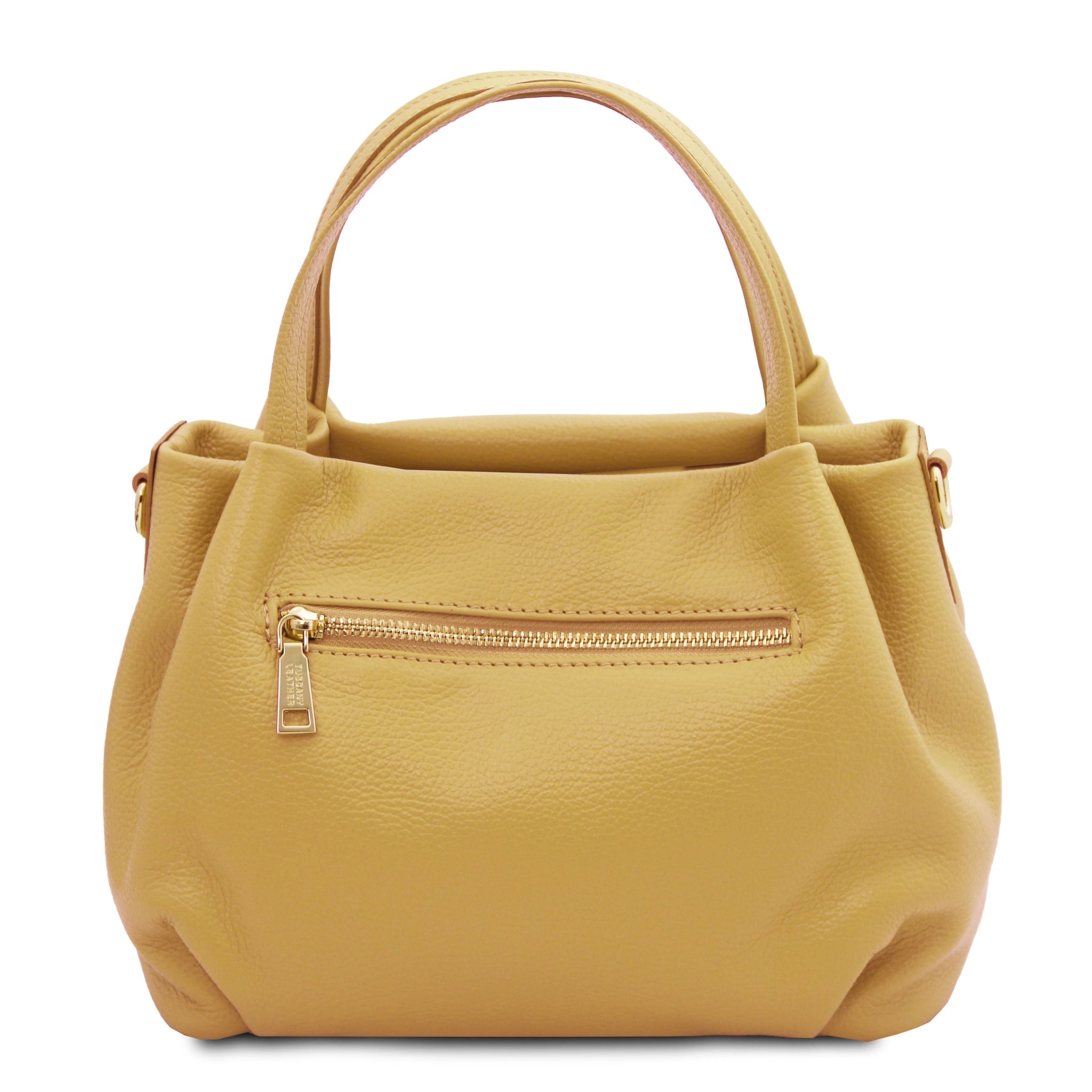 Back view Nora Soft Italian Leather Shoulder Bag in Pastel Yellow showing exterior zip pocket and top handle