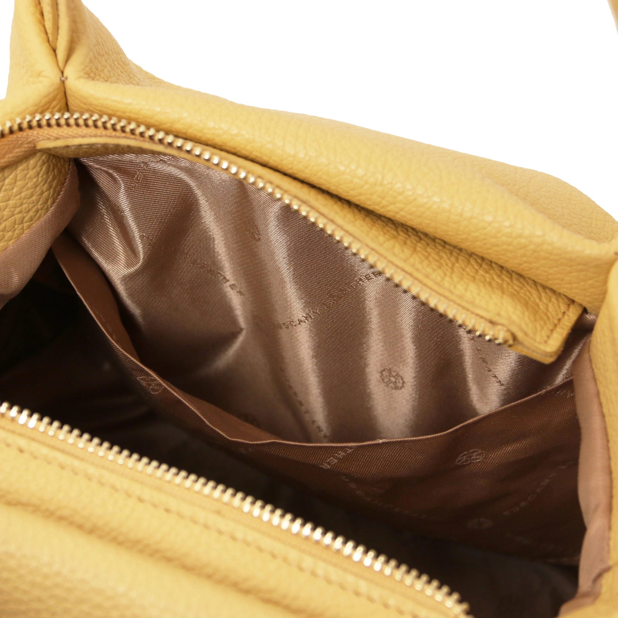 Interior open pocket view Nora Soft Italian Leather Shoulder Bag in Yellow showing main zippered closure