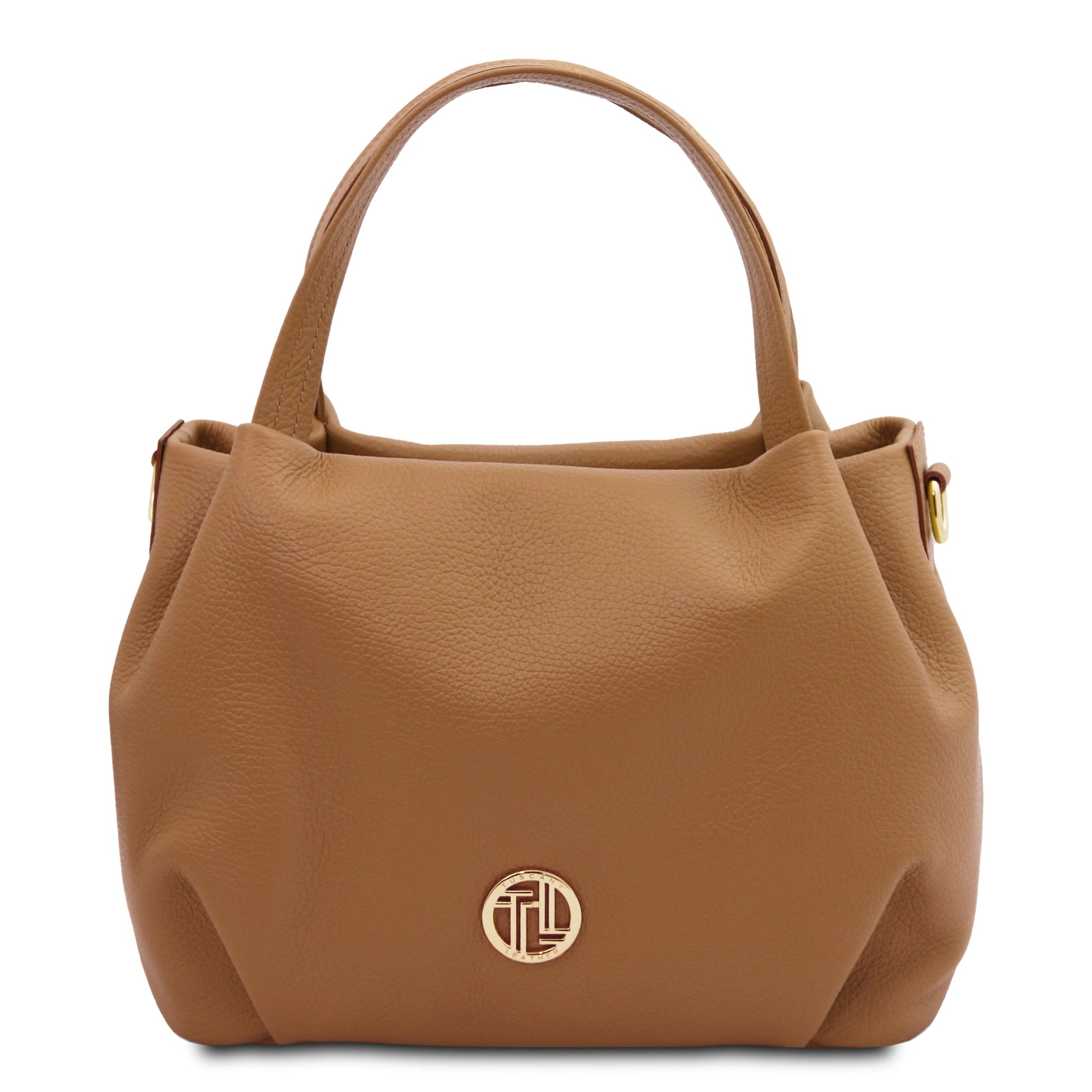 Front view Nora Soft Italian Leather Shoulder Bag in Caramel showing gold front logo and handle