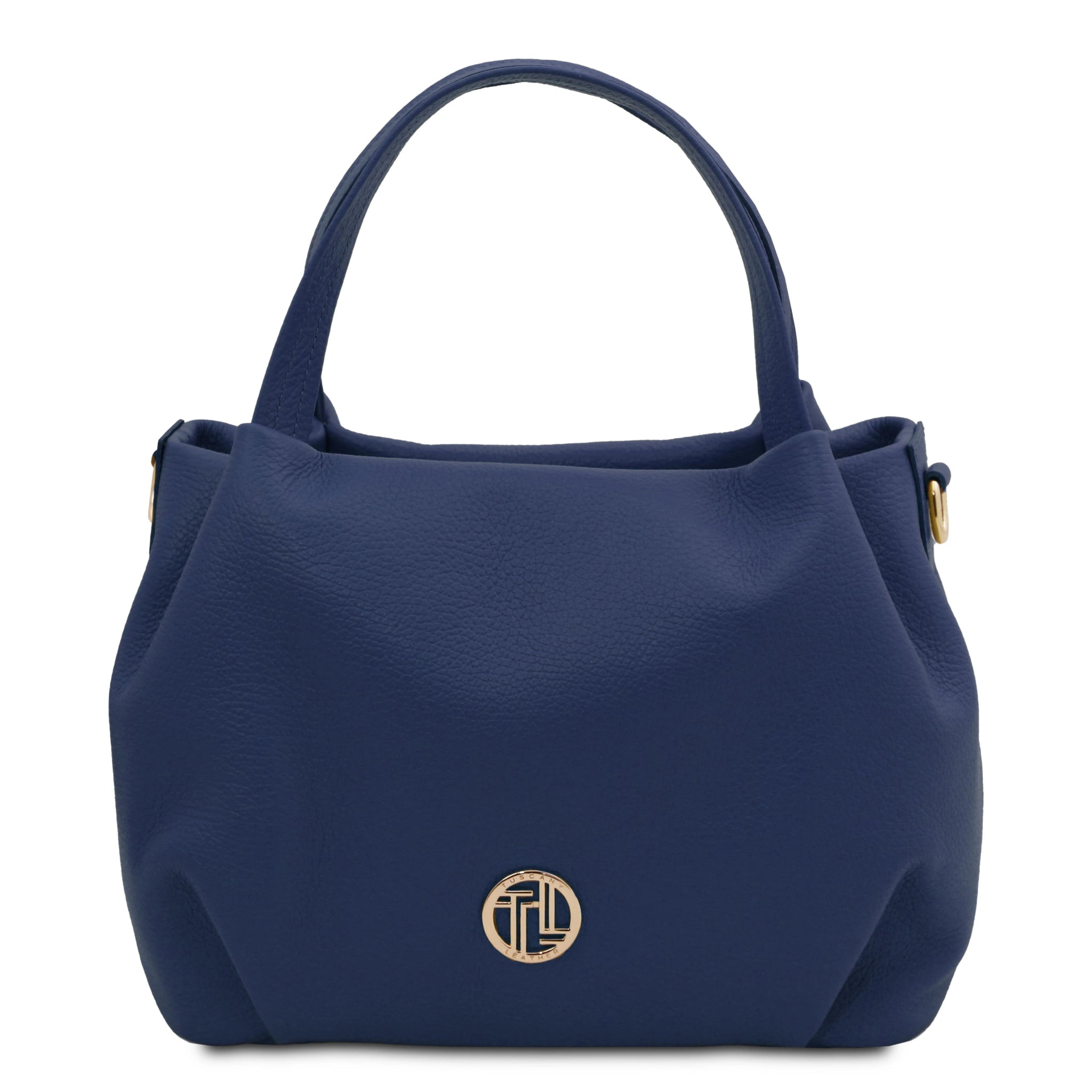 Front view Nora Soft Italian Leather Shoulder Bag in Dark Blue showing gold front logo and handle