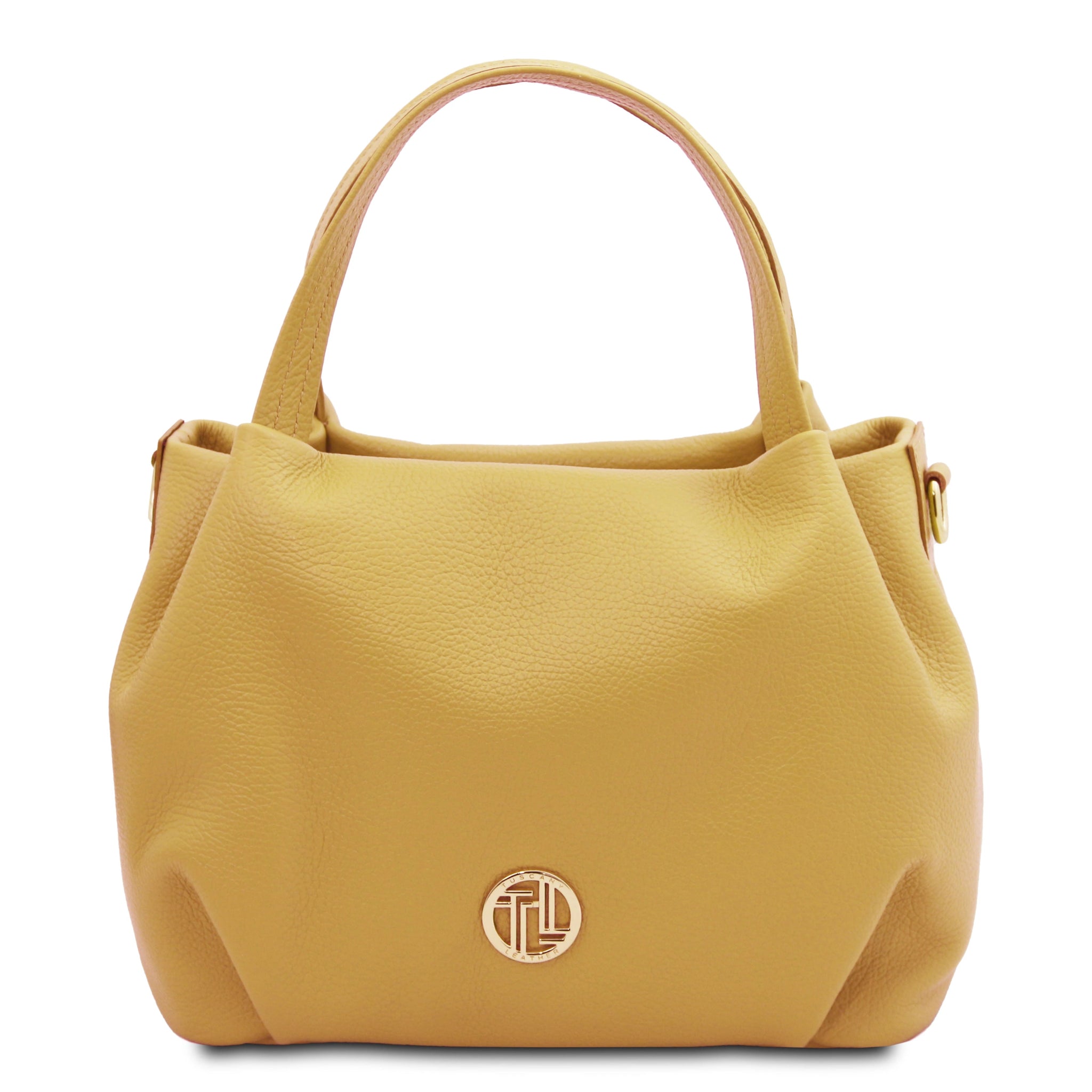 Front view Nora Soft Italian Leather Shoulder Bag in Pastel Yelllow showing gold front logo and handle