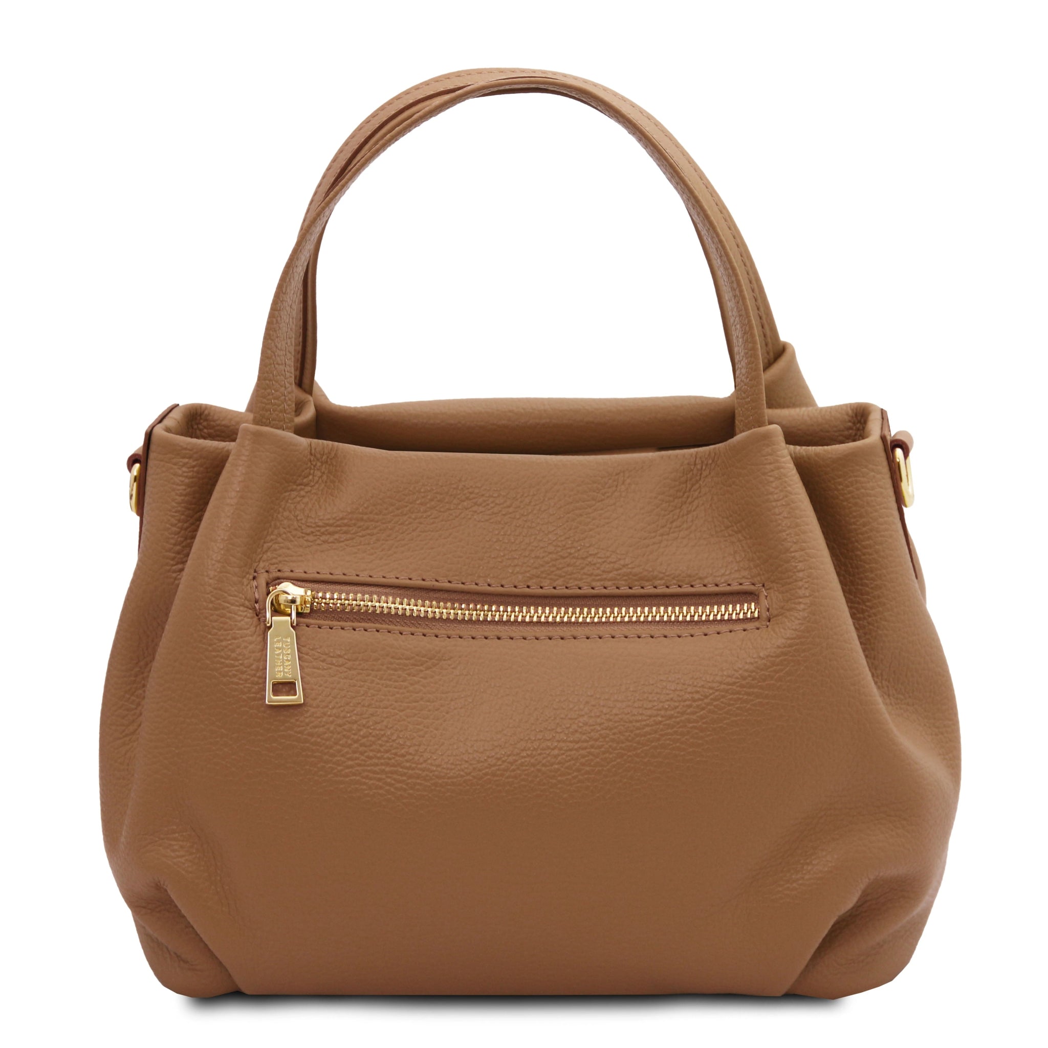 Back view Nora Soft Italian Leather Shoulder Bag in Caramel showing exterior zip pocket and top handle