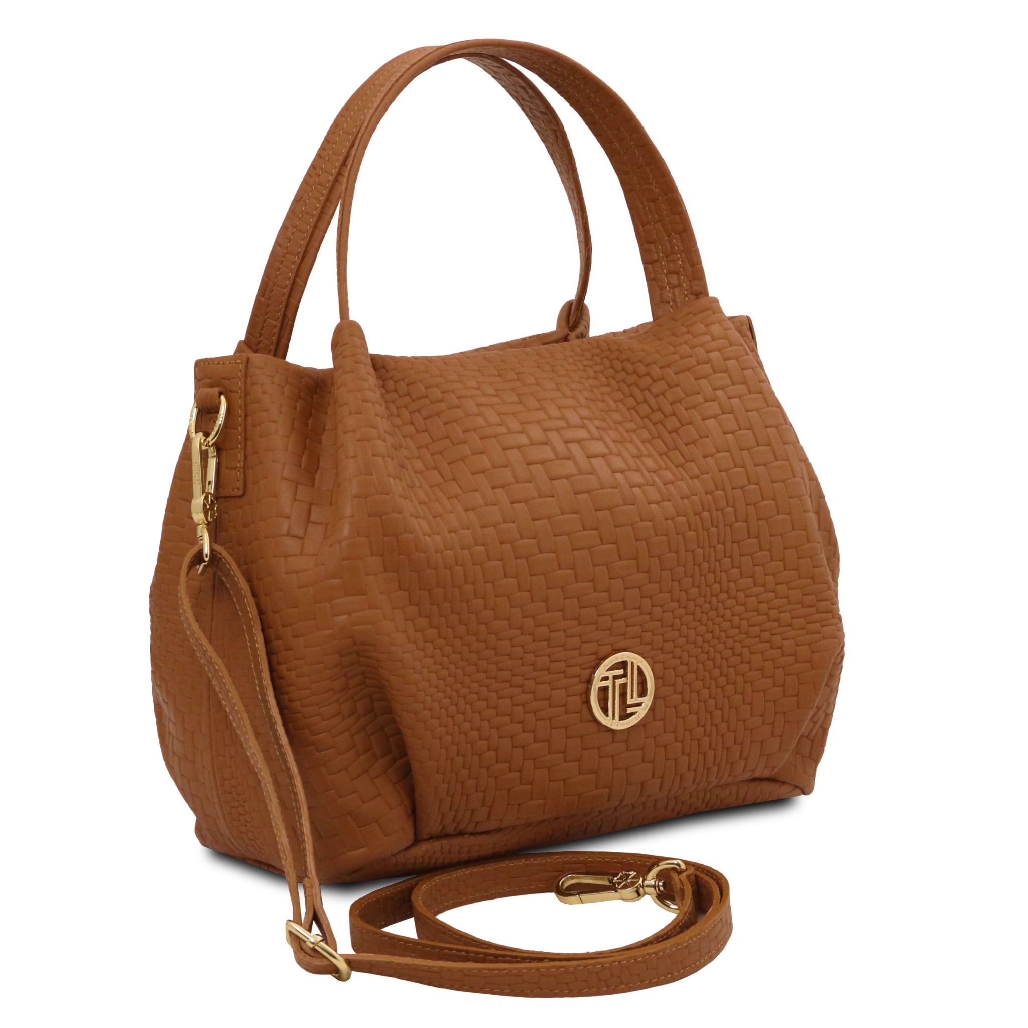 Nora Soft Woven Italian Leather Handbag - Cognac - shop_name#