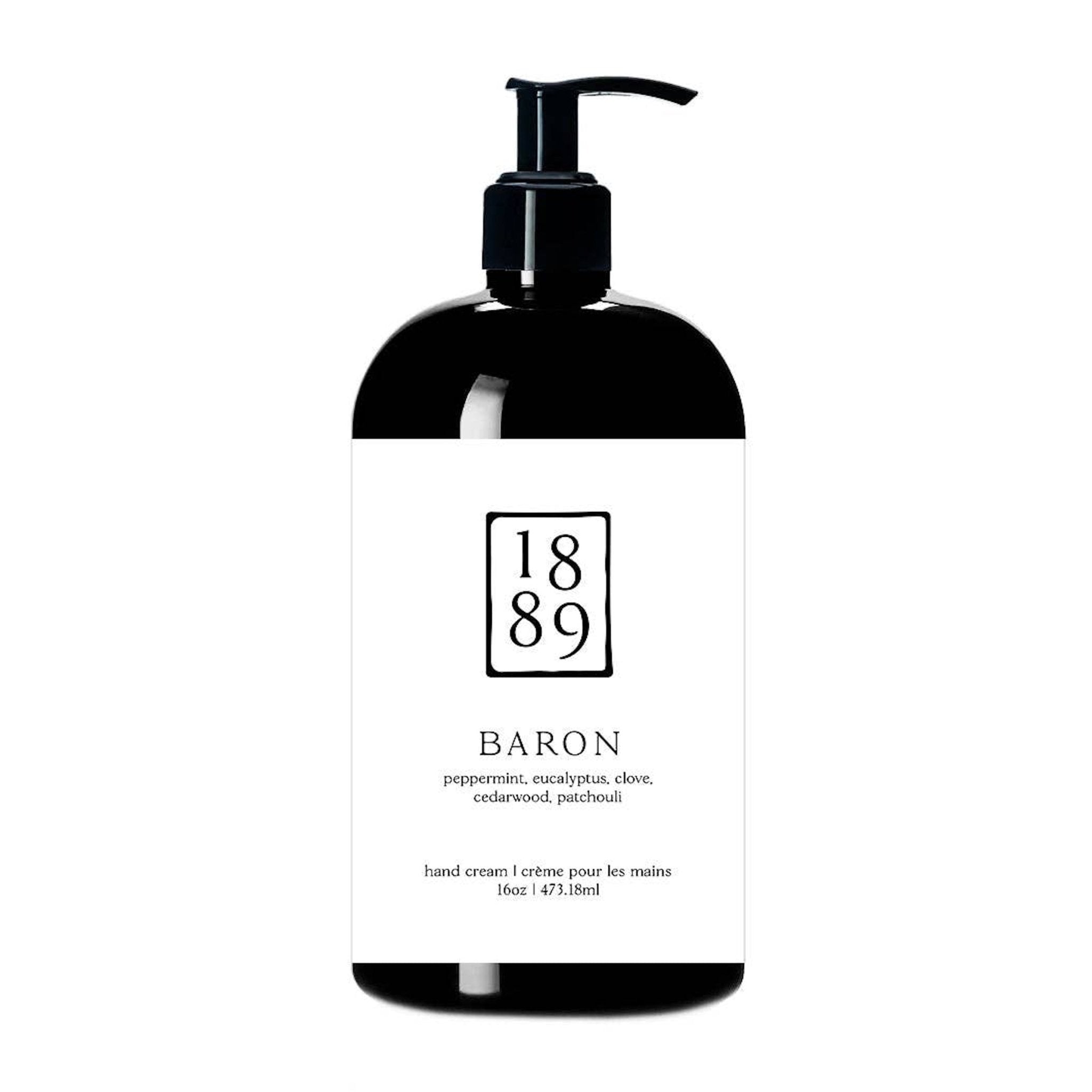 Hand cream bottle with pump and '1889 Baron' label on a white background