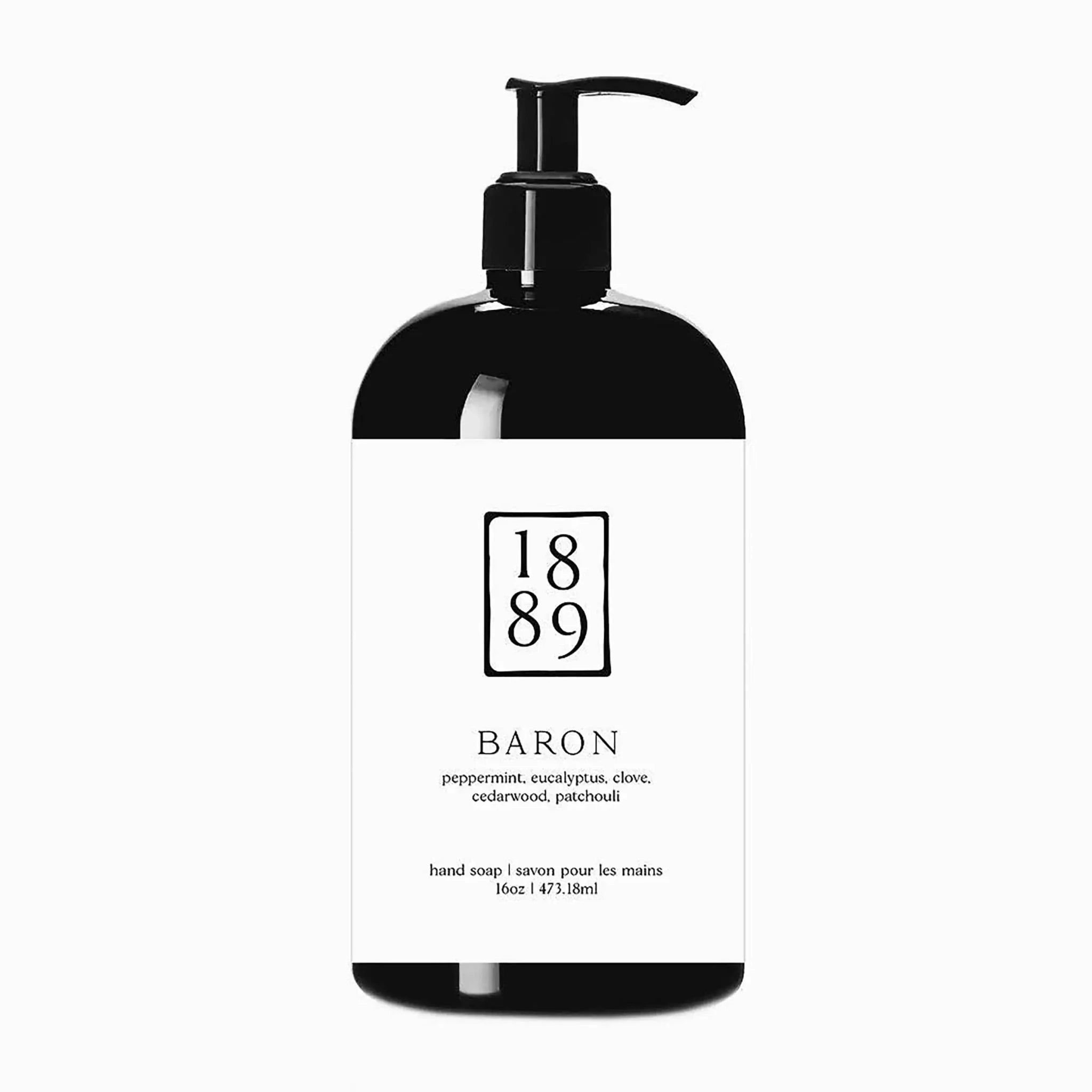 Black and white bottle of Baron hand soap with pump on a white background