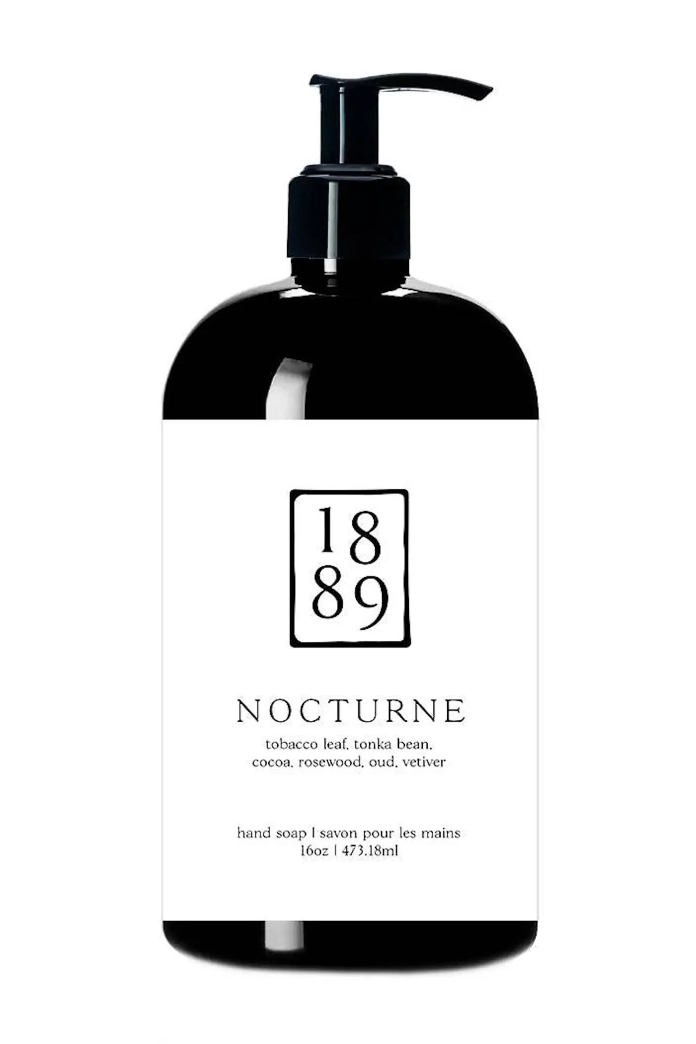 Black hand soap bottle with '1889 Nocturne' label on a white background