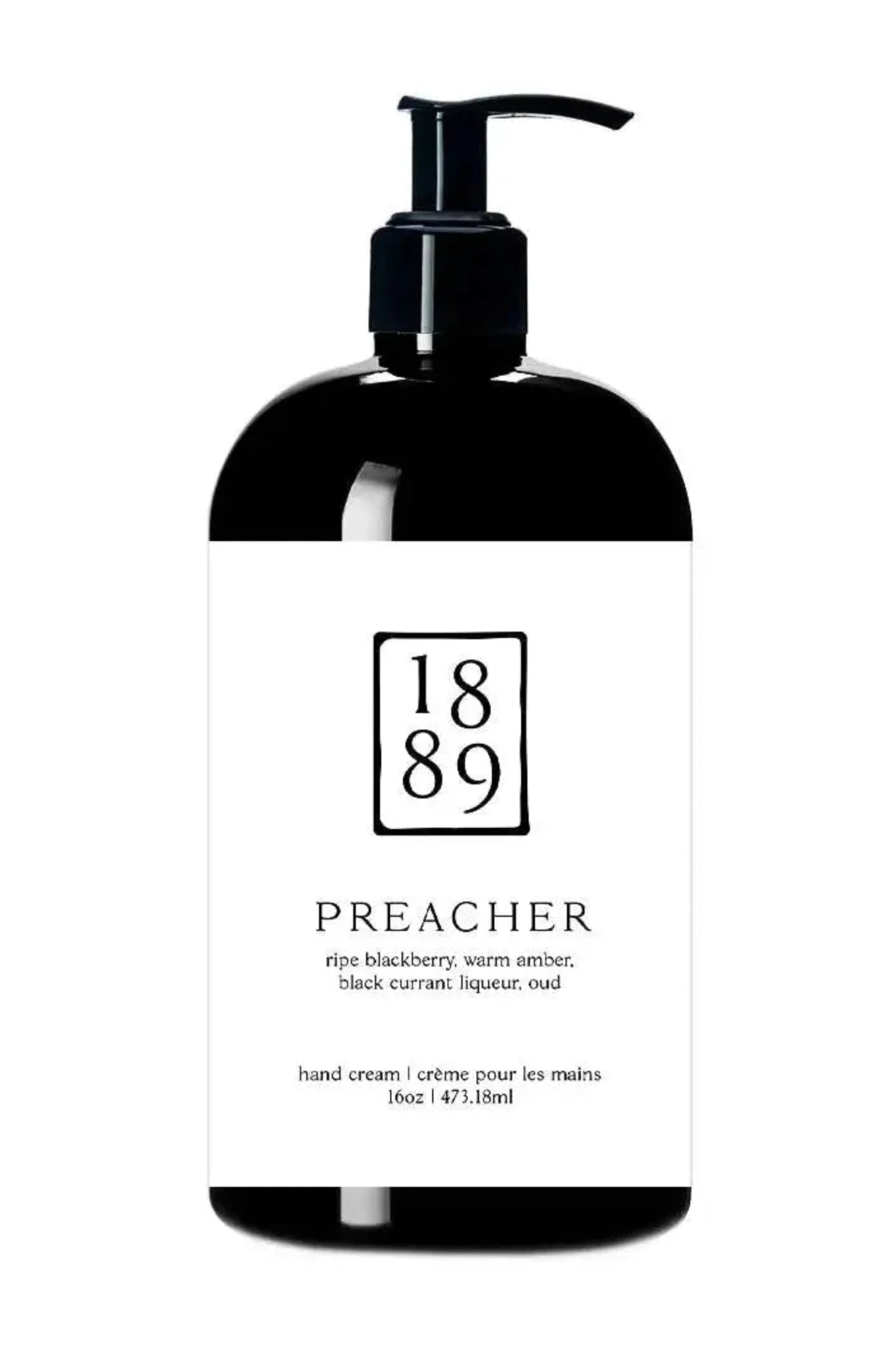 Hand cream bottle with pump and '1889 Preacher' label on a white background