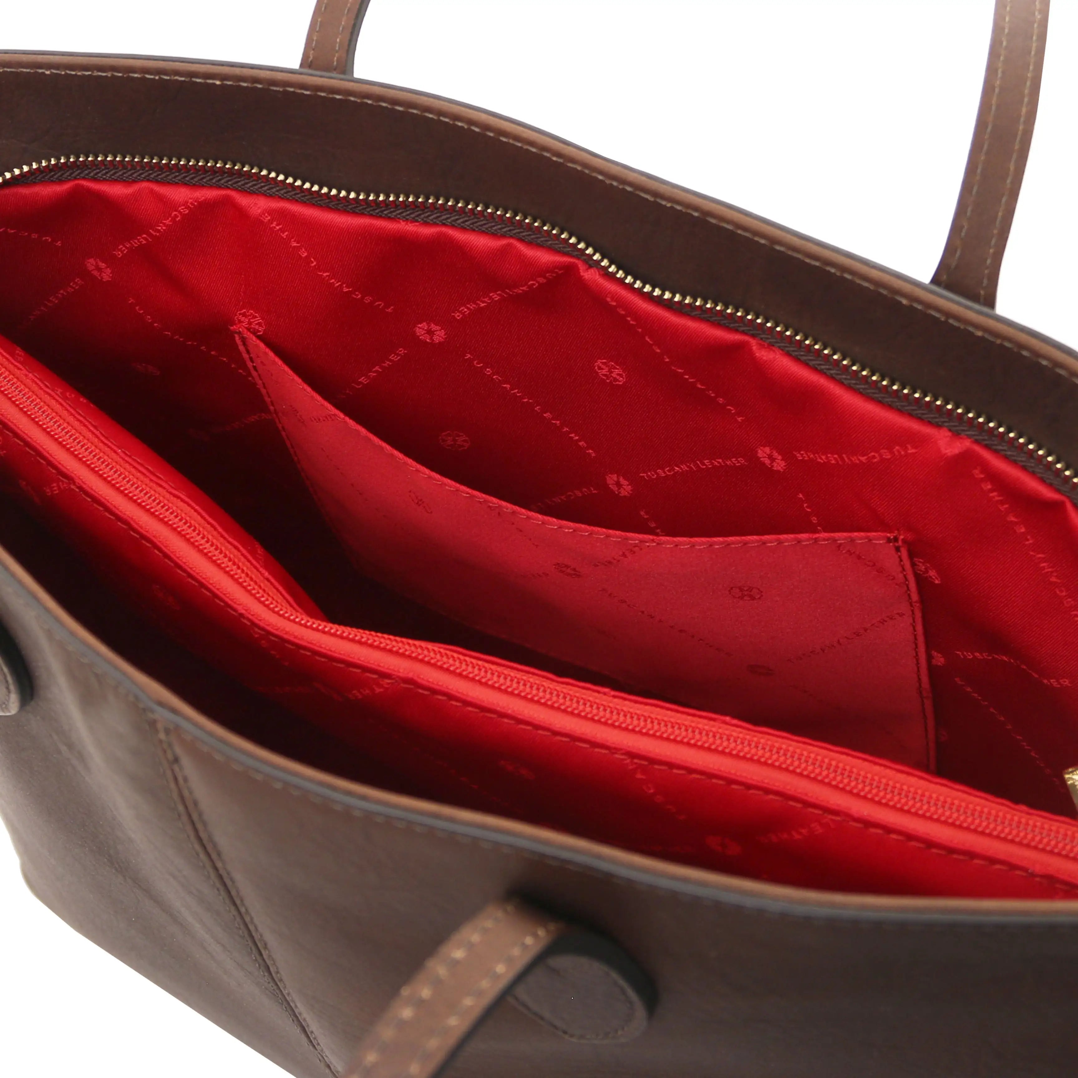 Interior open pocket red lining view Dark Brown Essenza Shoulder Bag.