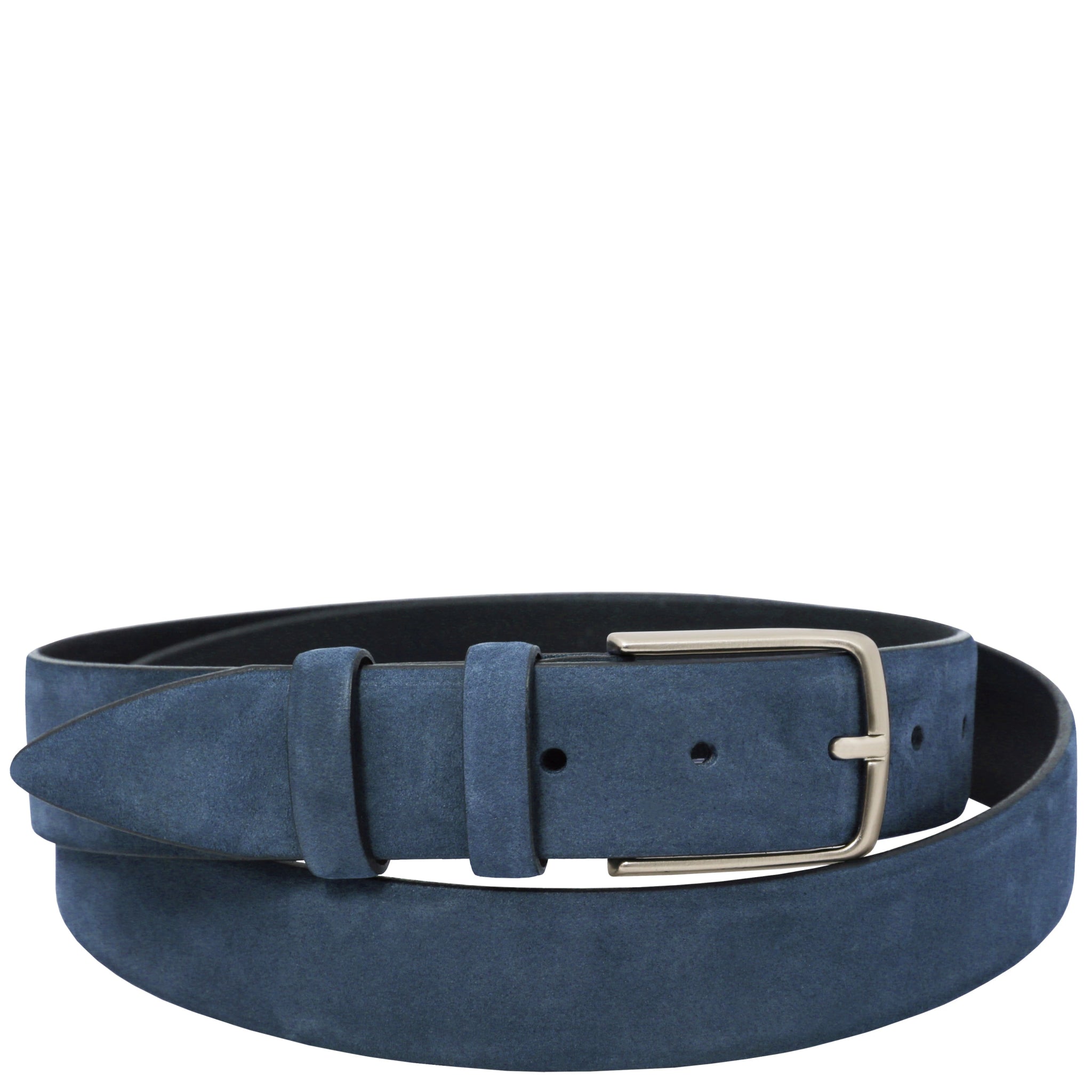 Dark Blue Nubuck Leather Belt with a silver buckle on a white background