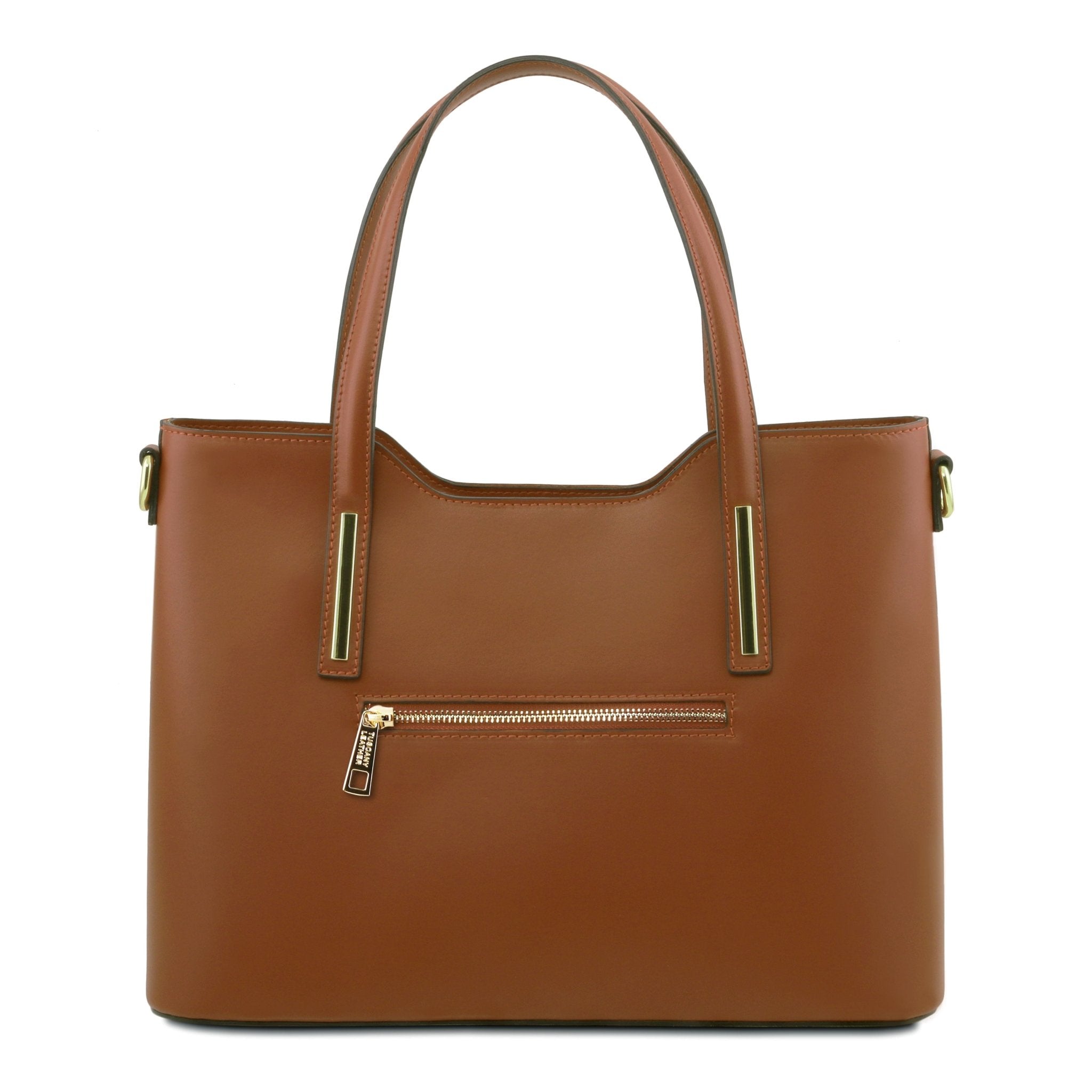 Olimpia Italian Leather Tote Bag in cognac on a white background, back view with exterior zipper pocket - L'Atelier Global