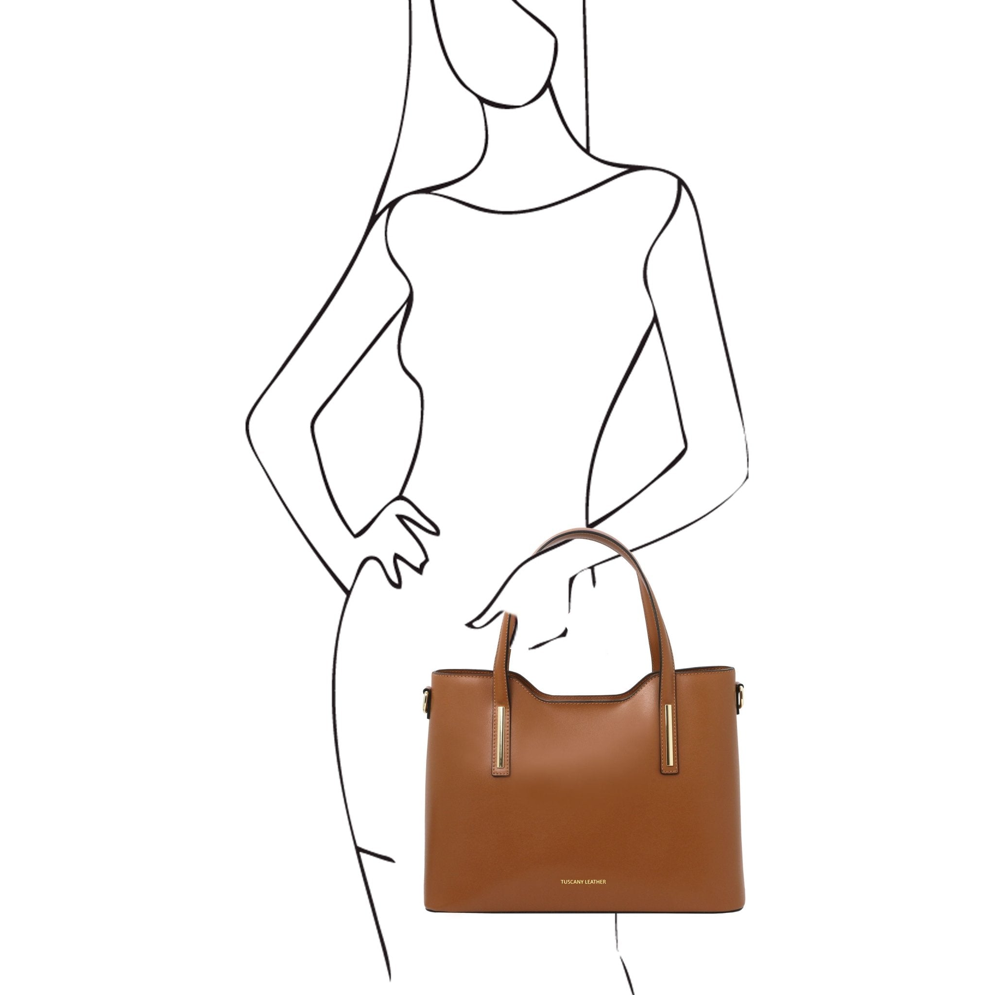 A sketch of a woman holding the Olimpia Italian Leather Tote Bag in cognac on a white background - L'Atelier Global