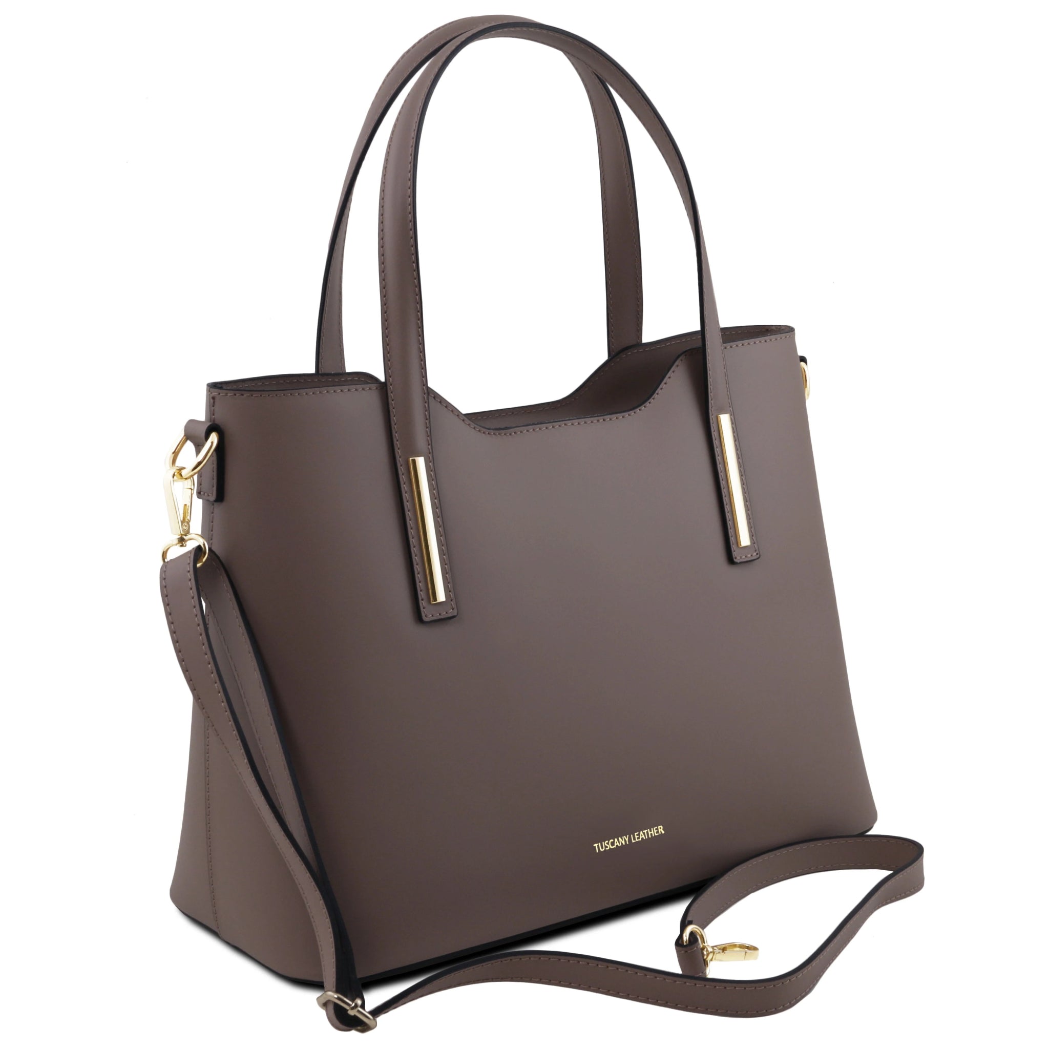 Olimpia Italian Leather Tote Bag in dark taupe, front side view showing detachable shoulder strap and handles