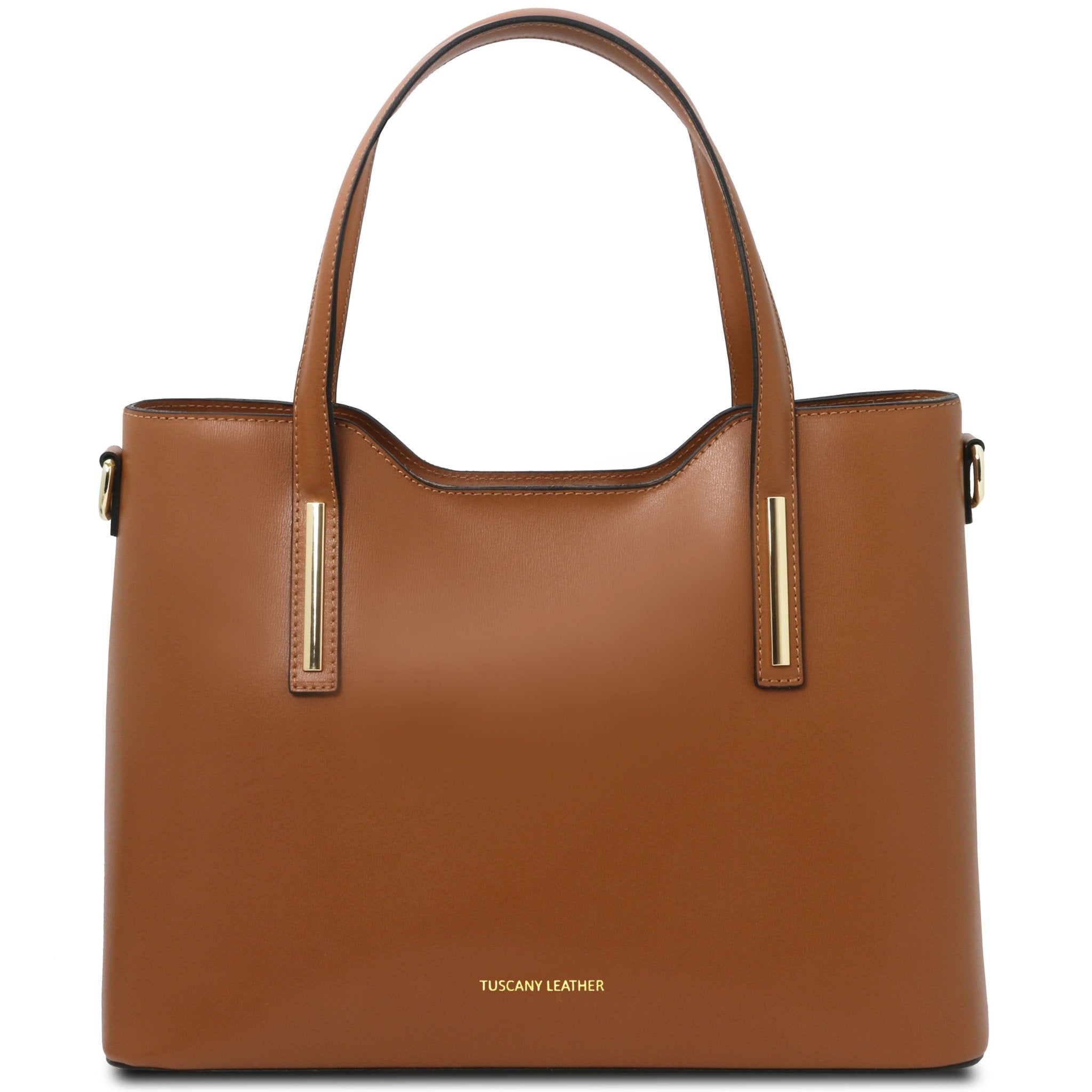 Olimpia Italian Leather Tote Bag in cognac on a white background, front view - L'Atelier Global