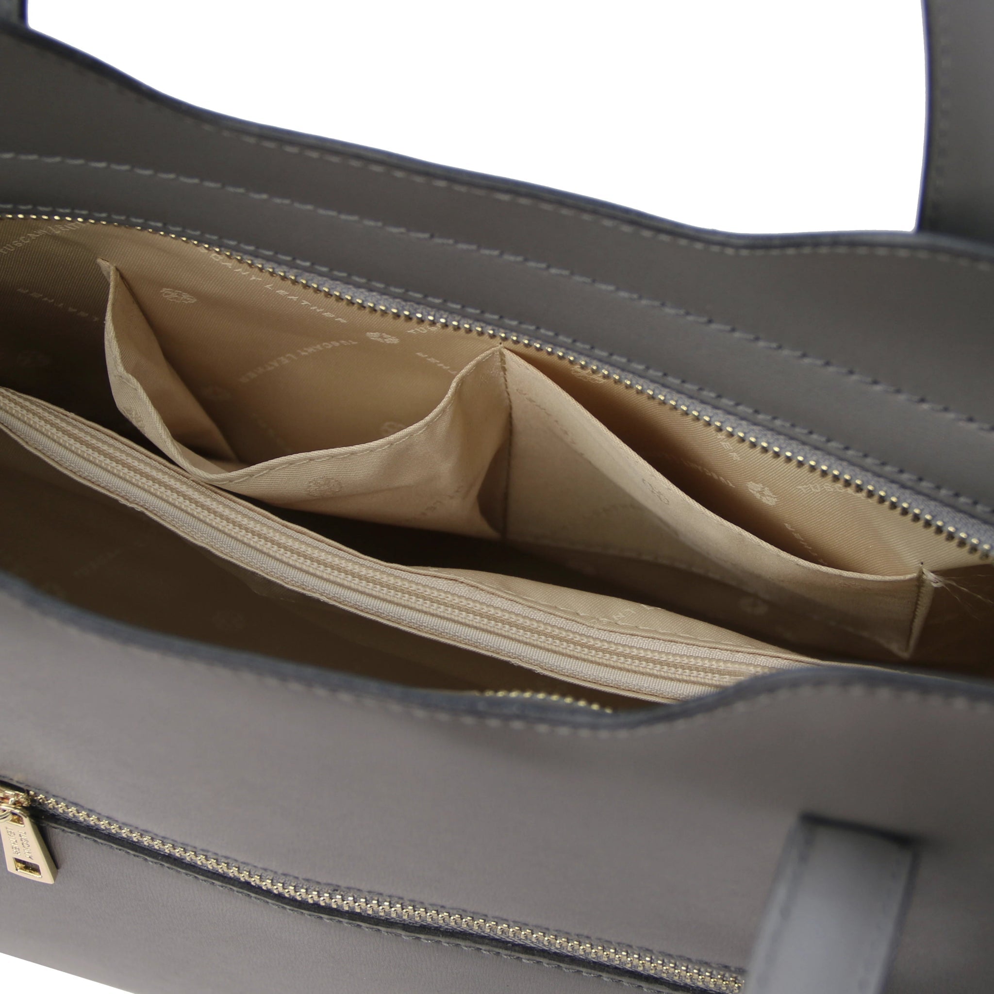 Olimpia Italian Leather Tote Bag in gray on a white background, interior view showing open pockets - L'Atelier Global