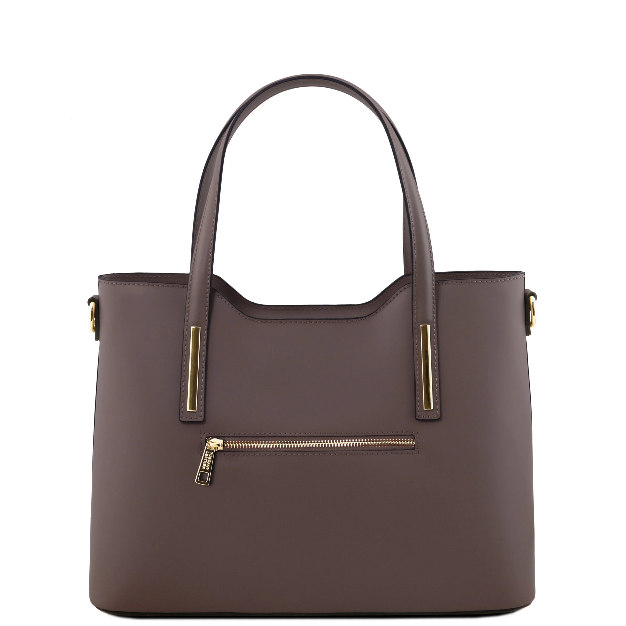 Olimpia Italian Leather Tote Bag in dark taupe on a white background, back view with exterior zipper pocket