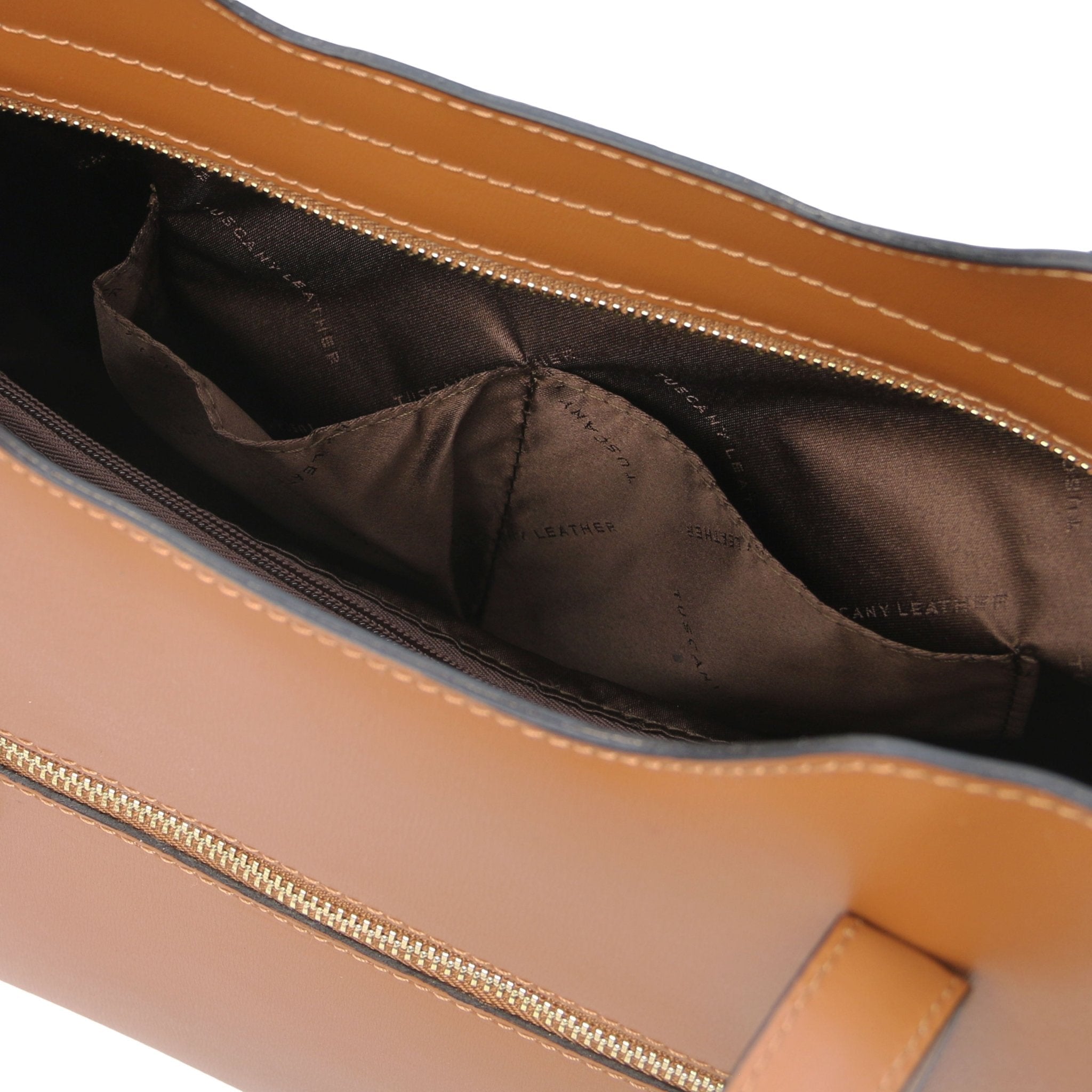 Olimpia Italian Leather Tote Bag in cognac on white background, interior view showing open pockets - L'Atelier Global