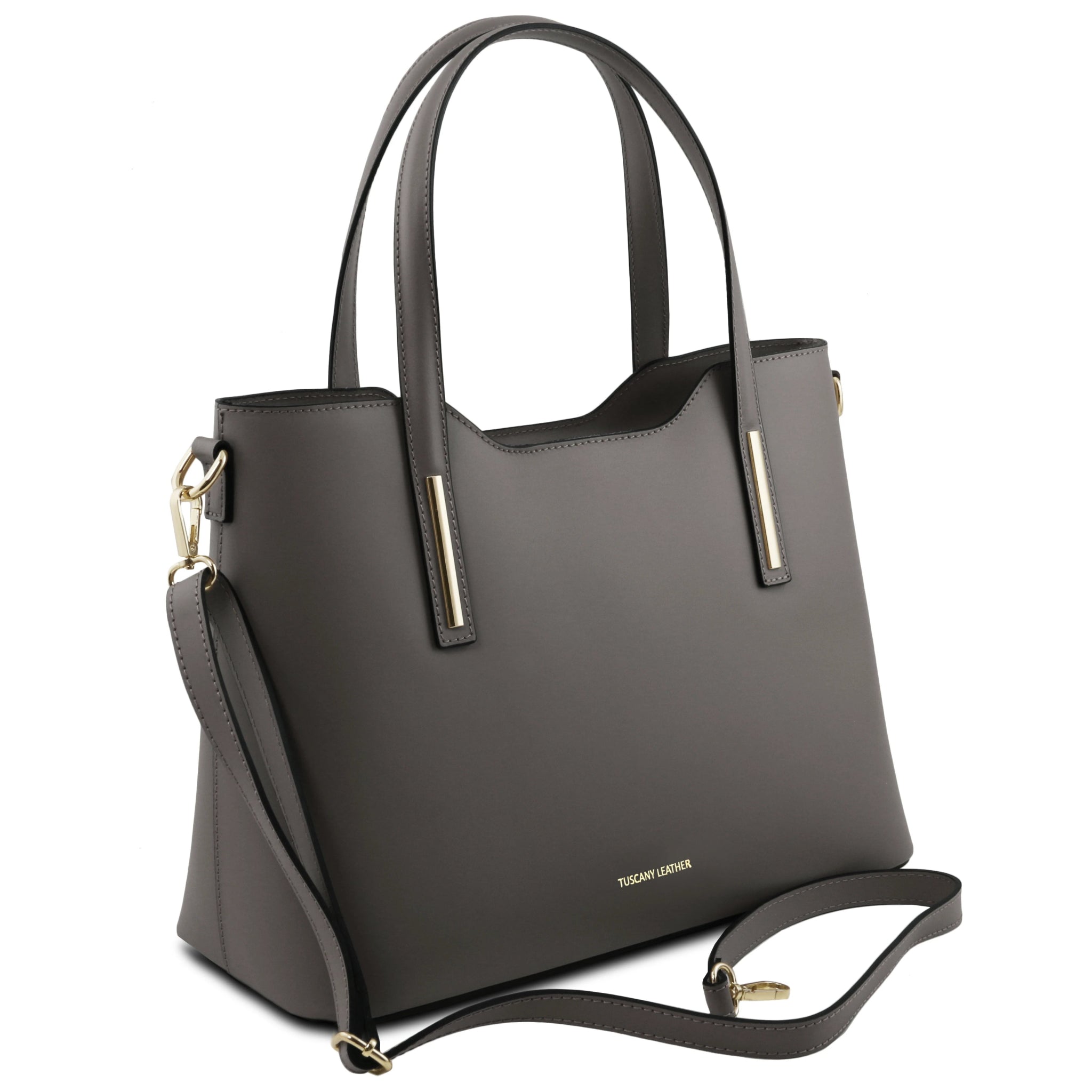 Olimpia Italian Leather Tote Bag in gray on a white background, front side view showing shoulder strap - L'Atelier Global