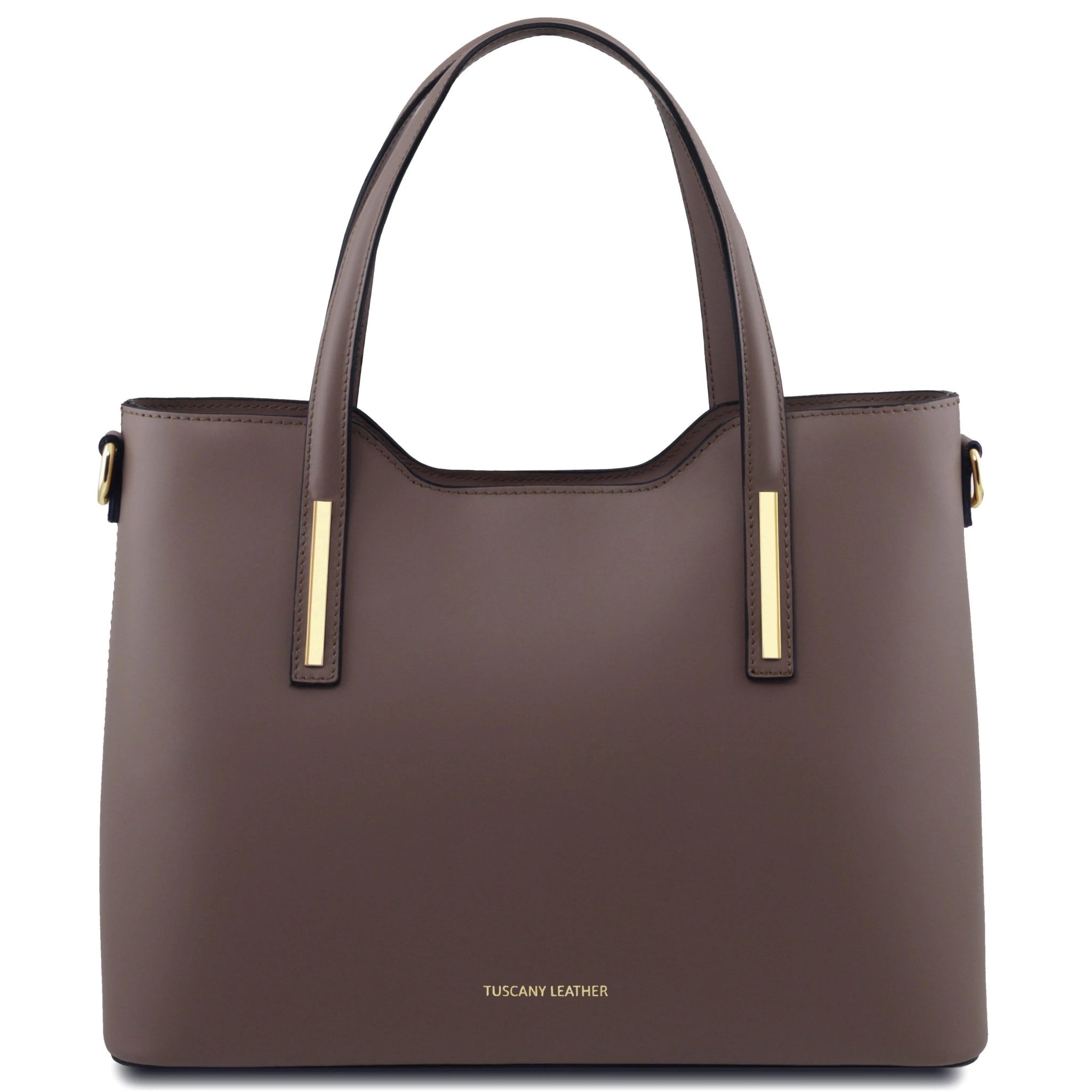 Olimpia Italian Leather Tote Bag in dark taupe on a white background, front view - L'Atelier Global