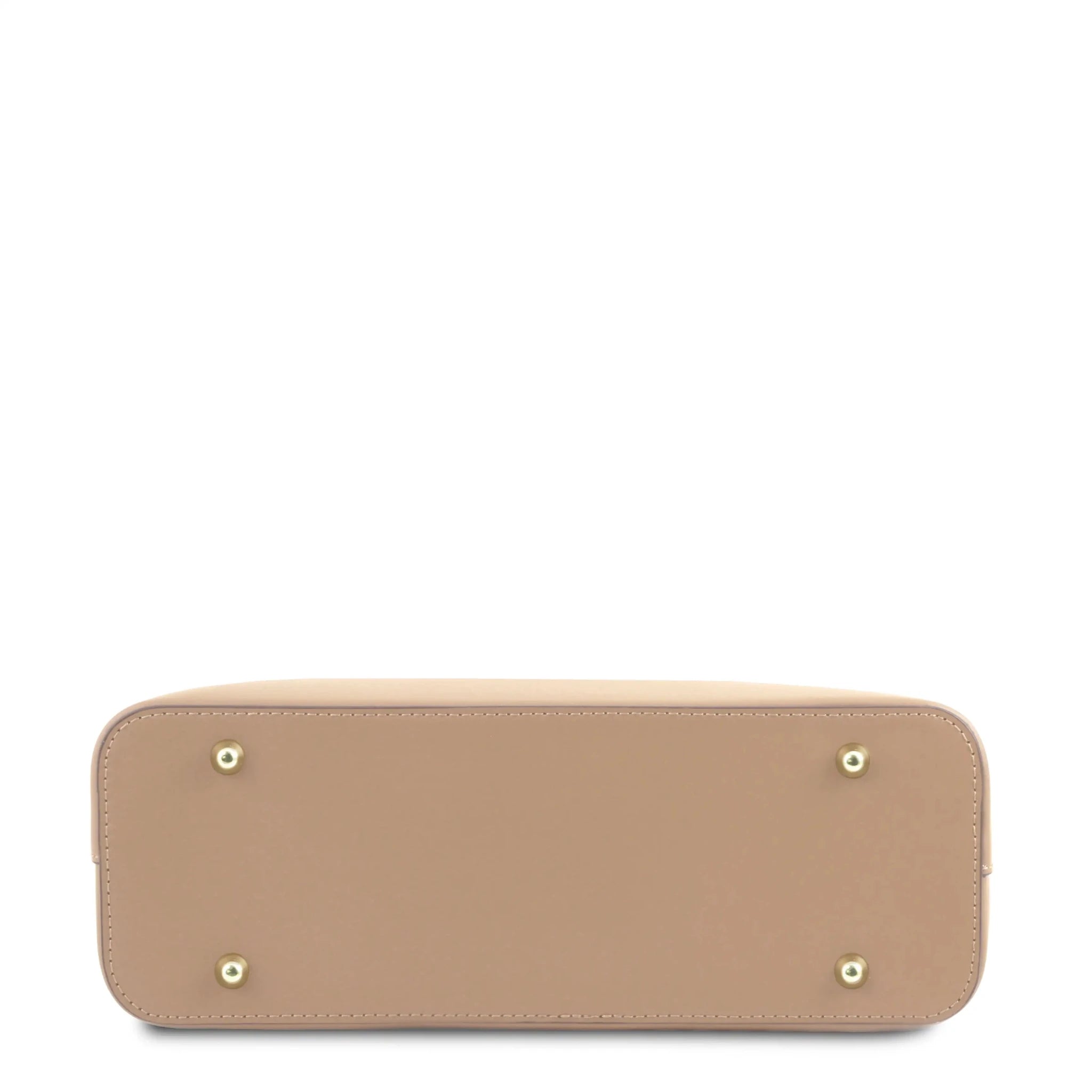 Bottom View Olimpia Leather Tote in Light Taupe Small Size showing four gold feet