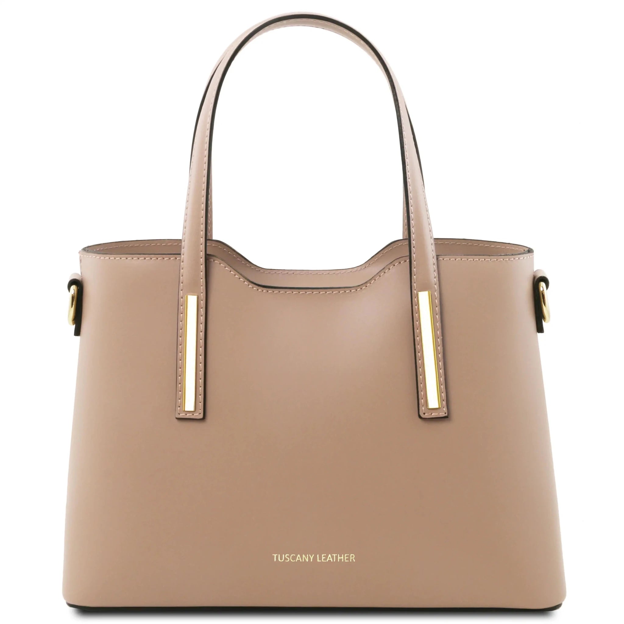 Front View Olimpia Leather Tote in Light Taupe Small Size showing handle and golden accents on straps