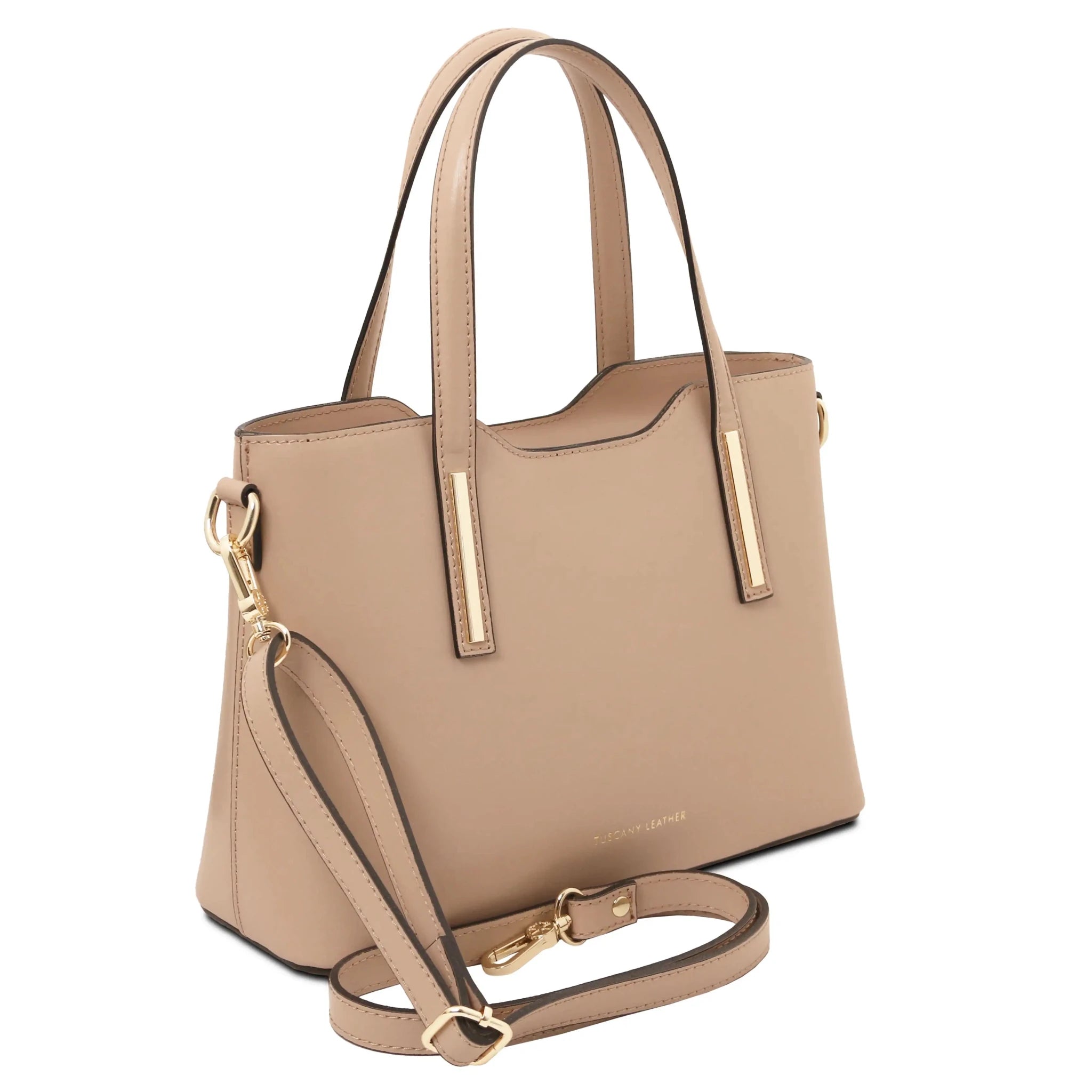 Front Angled View Olimpia Leather Tote in Light Taupe  Small Size showing handle and shoulder strap