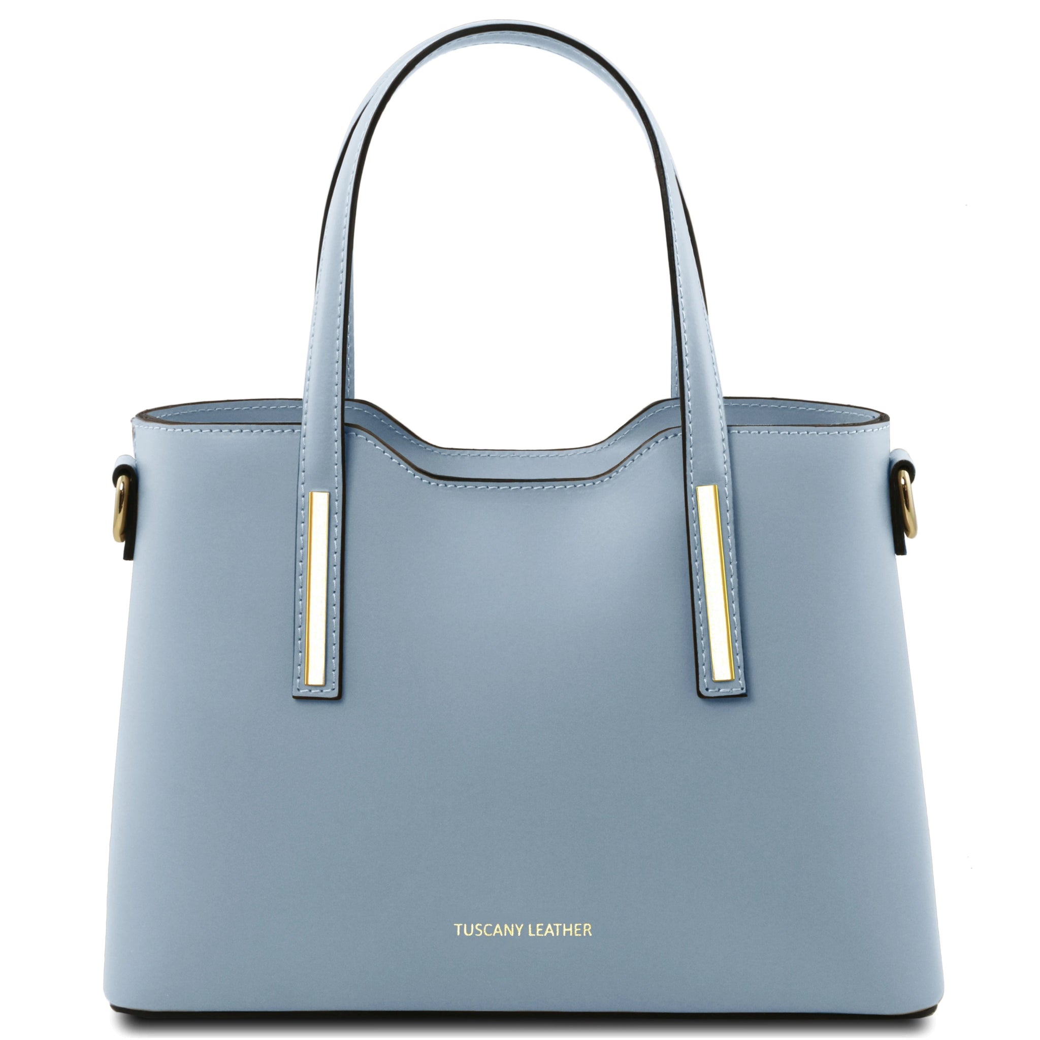 Front View Olimpia Leather Tote in Light Blue Small Size showing handle and golden accents on straps