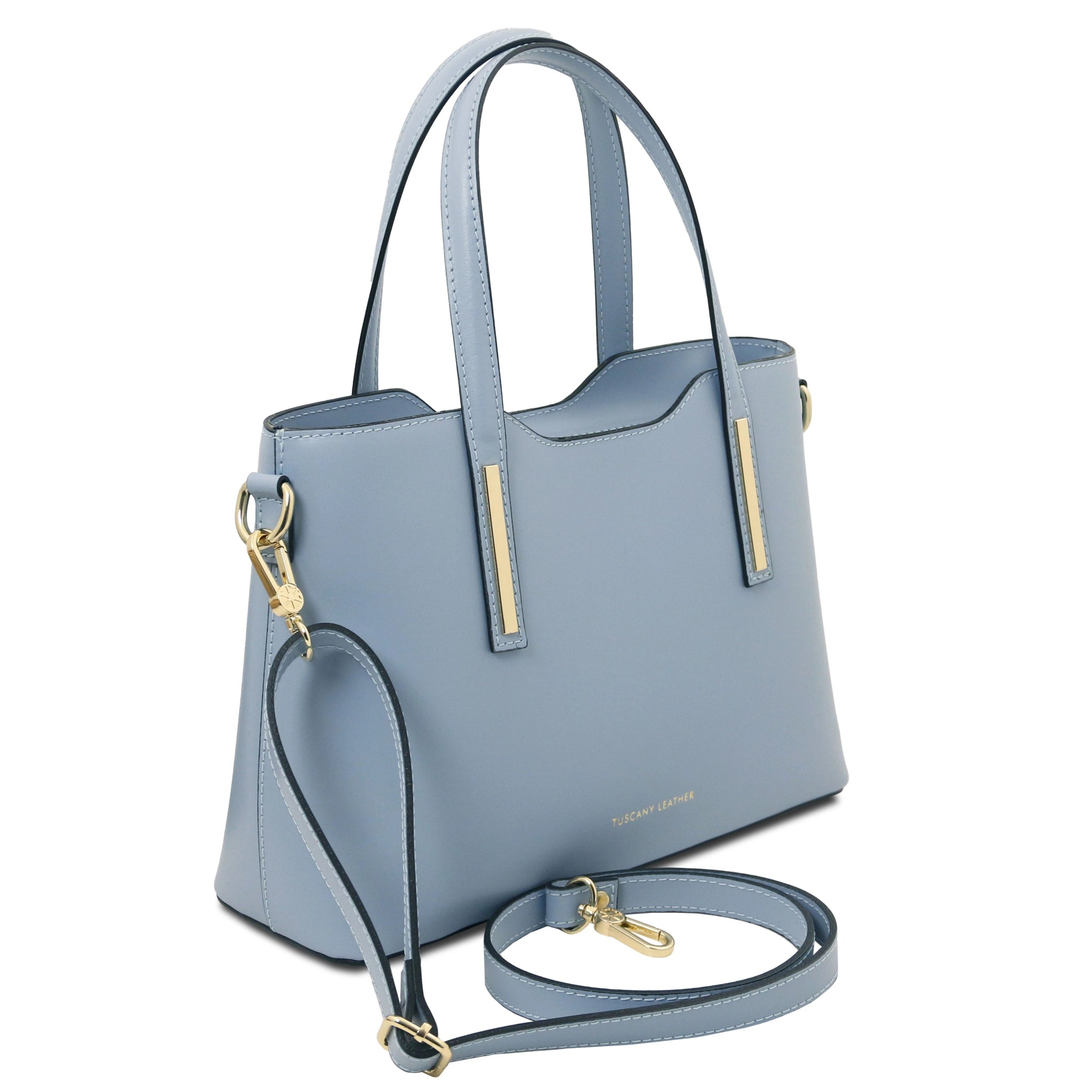 Front Angled View Olimpia Leather Tote in Light Blue Small Size showing handle and shoulder strap