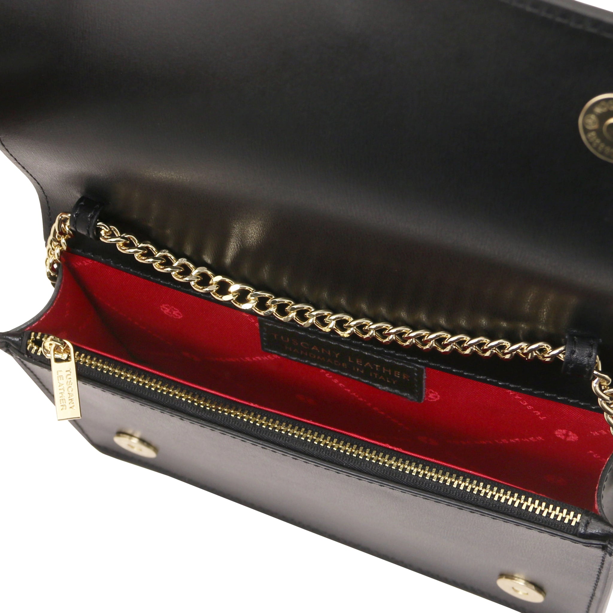 Interior red lining view Opera Leather Clutch With Chain Strap in black