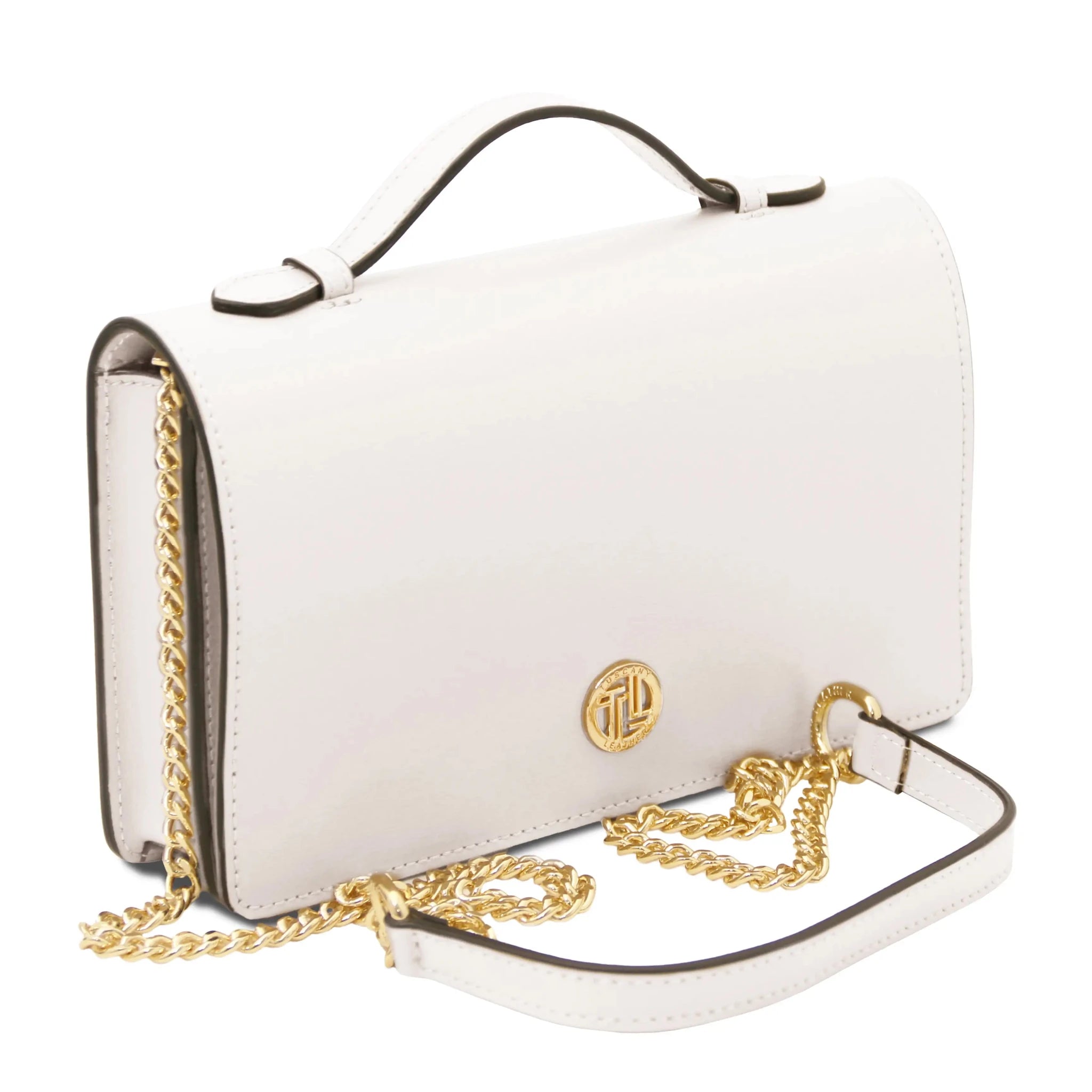 Front view Opera Leather Clutch With Chain Strap in white in white background