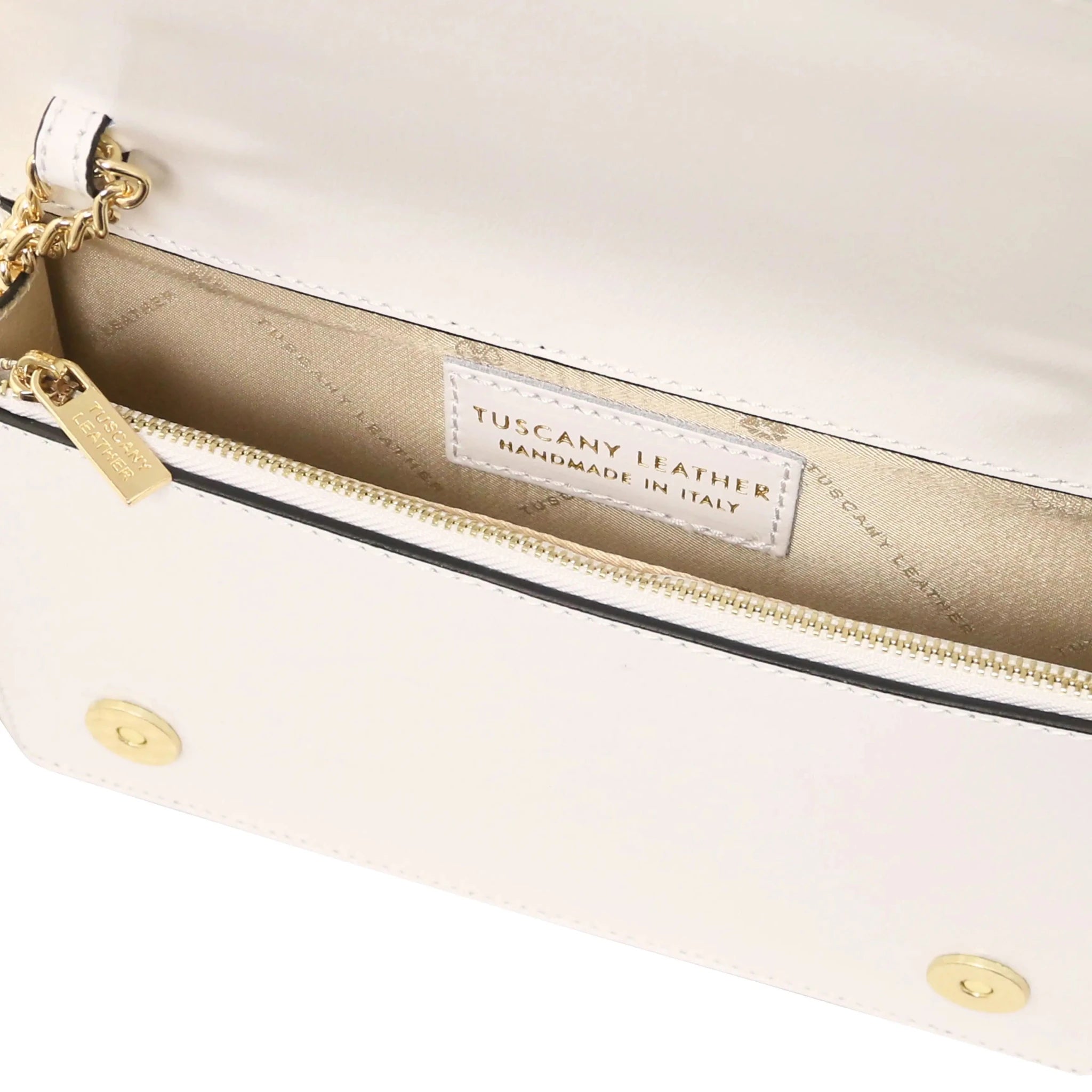 Interior beige lining view Opera Leather Clutch With Chain Strap in white