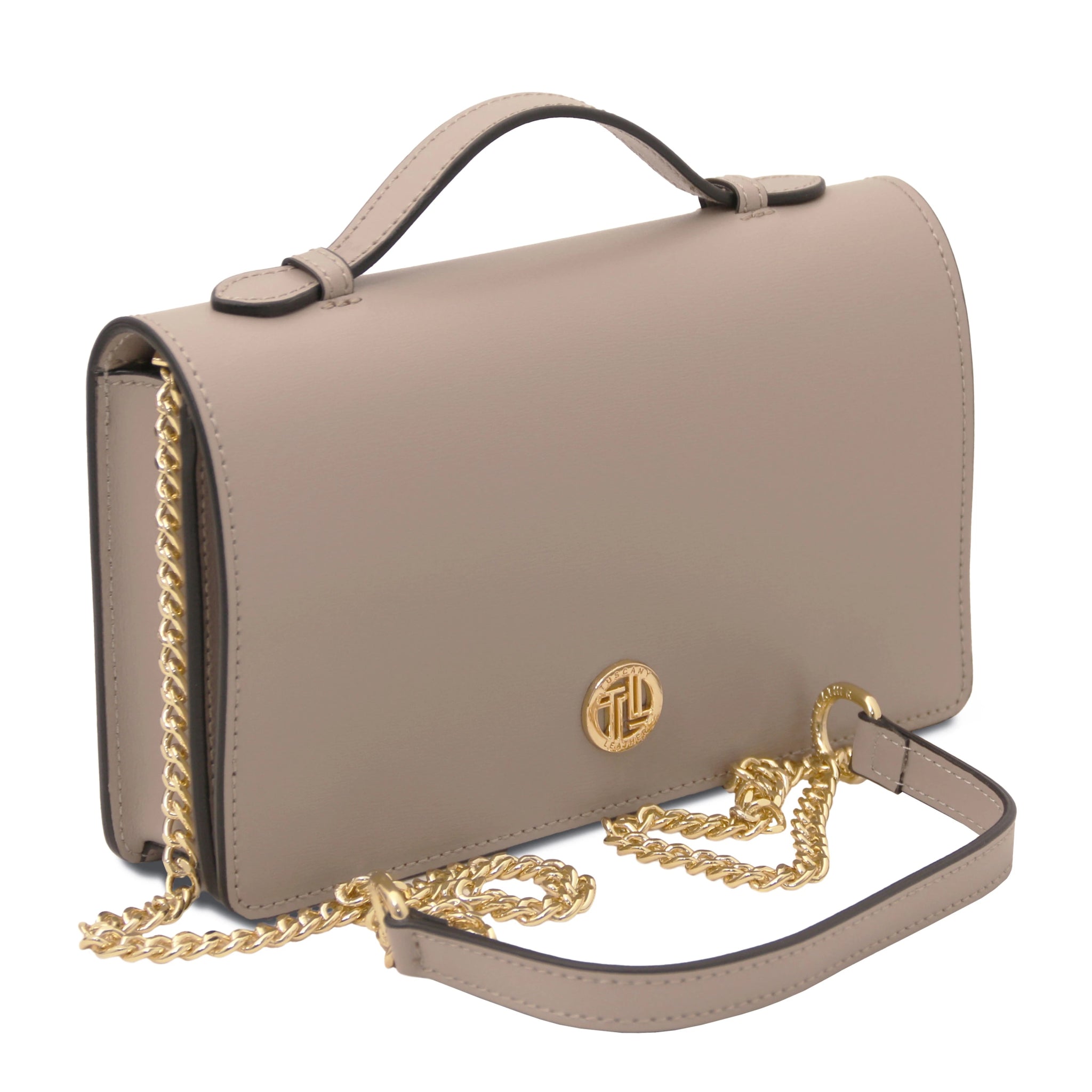 Chain strap view Opera Leather Clutch With Chain Strap in light taupe