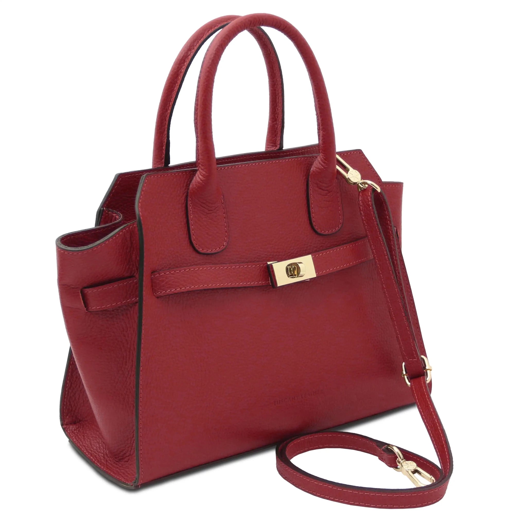 Front side view Origami Italian Pebbled Leather Tote in red with shoulder strap