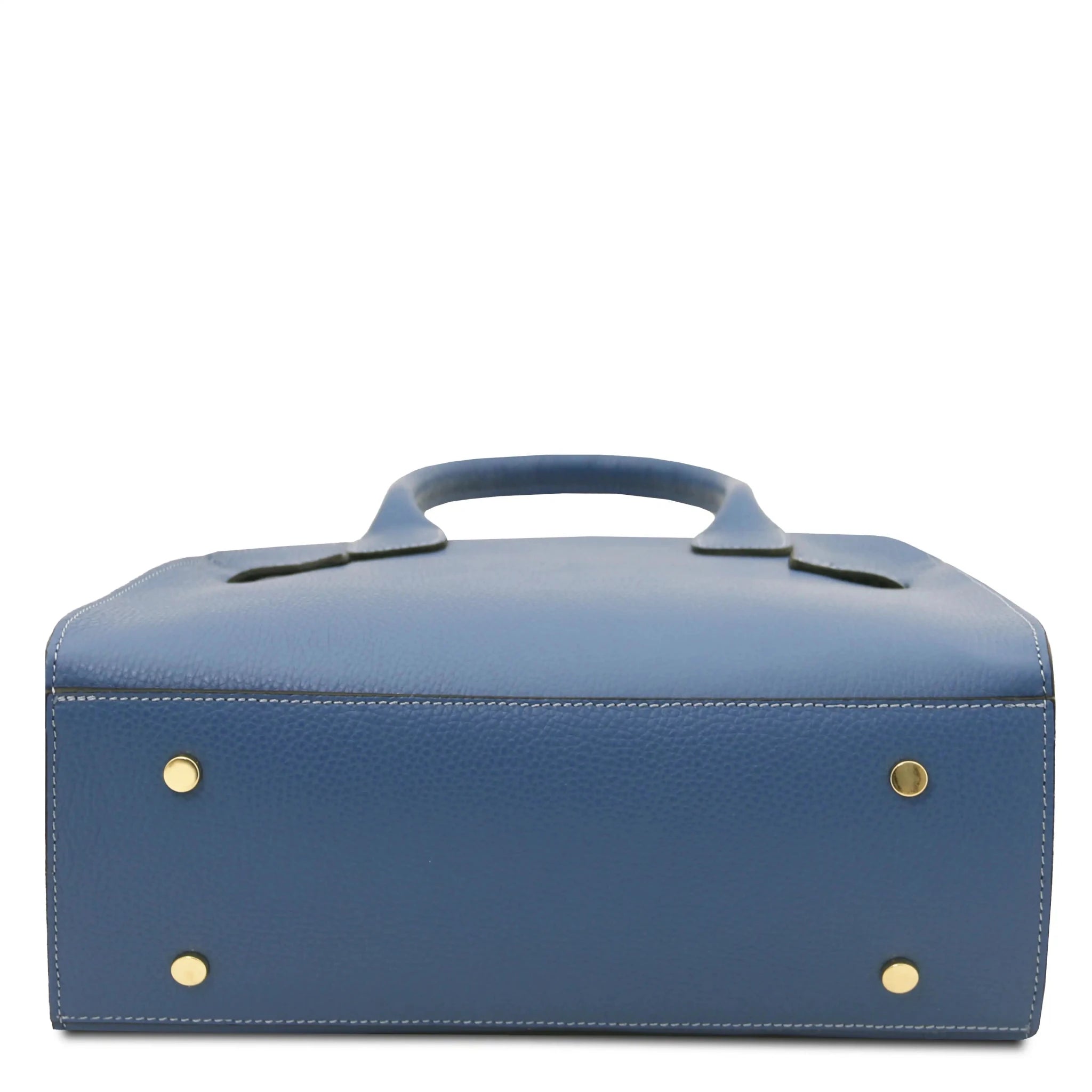 Bottom view Origami Italian Pebbled Leather Tote in denim with four protective feet