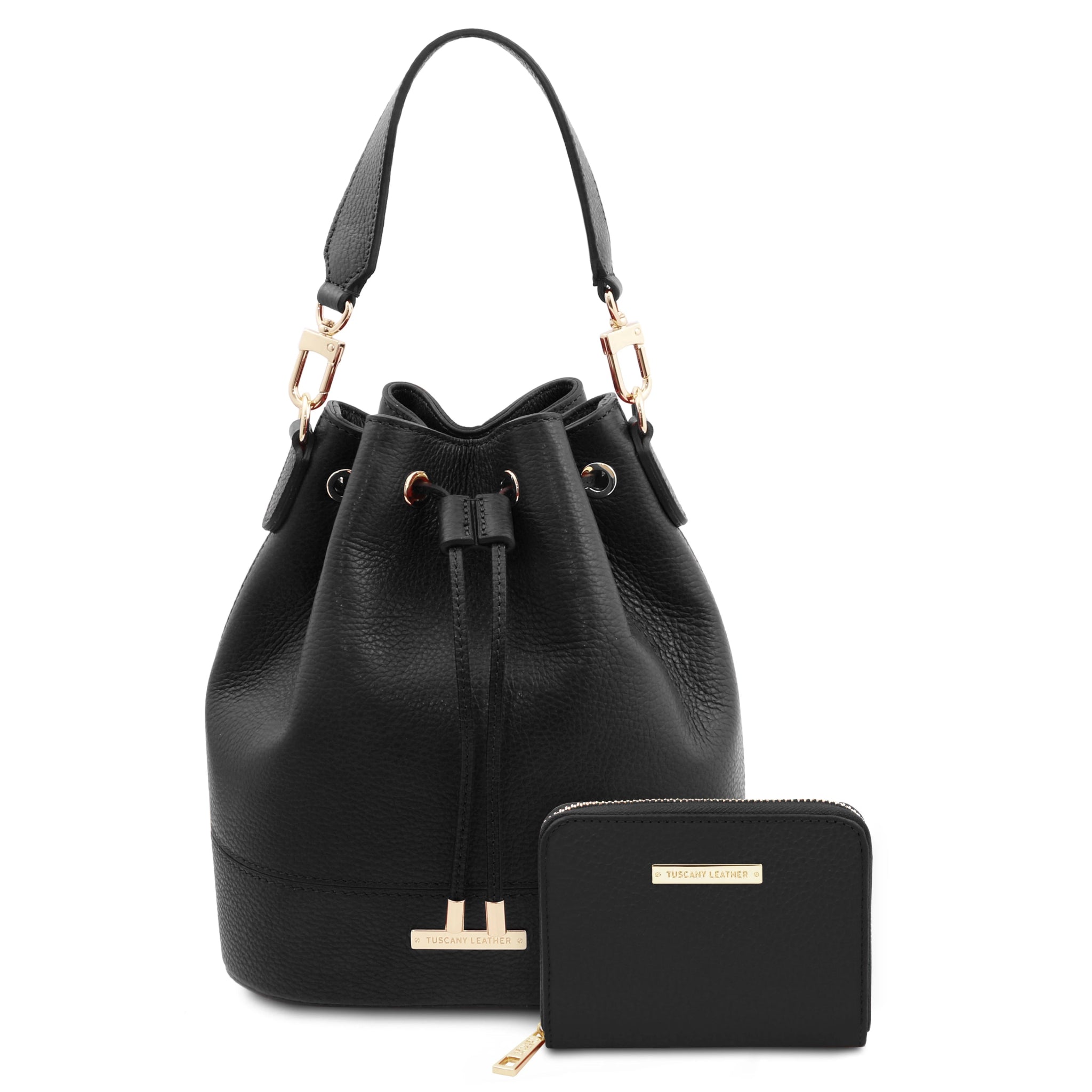 Panerea Leather Bucket Bag and Exclusive Zip Around Leather Wallet in Black