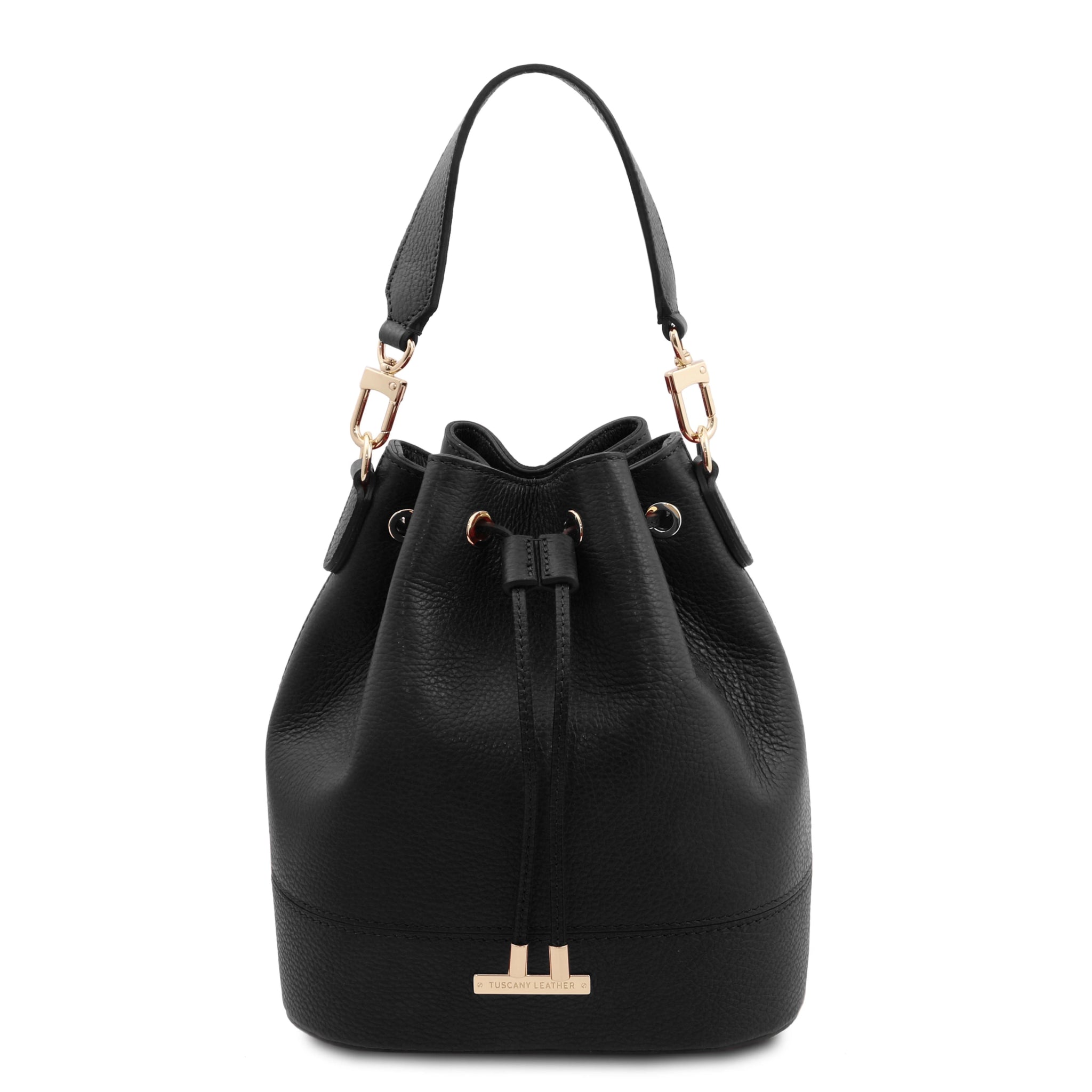 Front view Panerea Leather Bucket Bag in Black showing drawstring with golden metal pulls and leather with golden metal handle