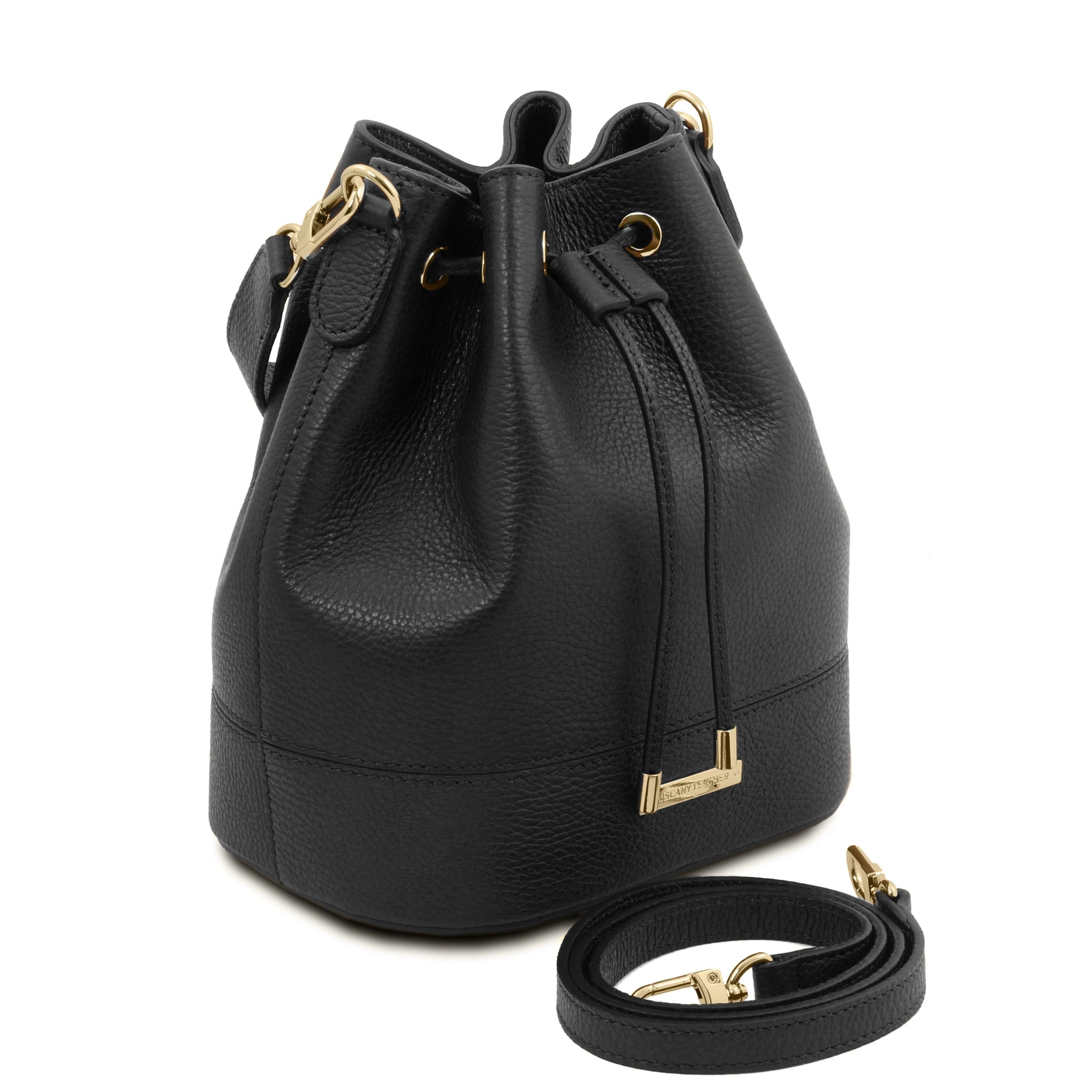 Front view Panerea Leather Bucket Bag in Black showing drawstring with golden metal pulls, leather with golden metal handle and detachable shoulder strap