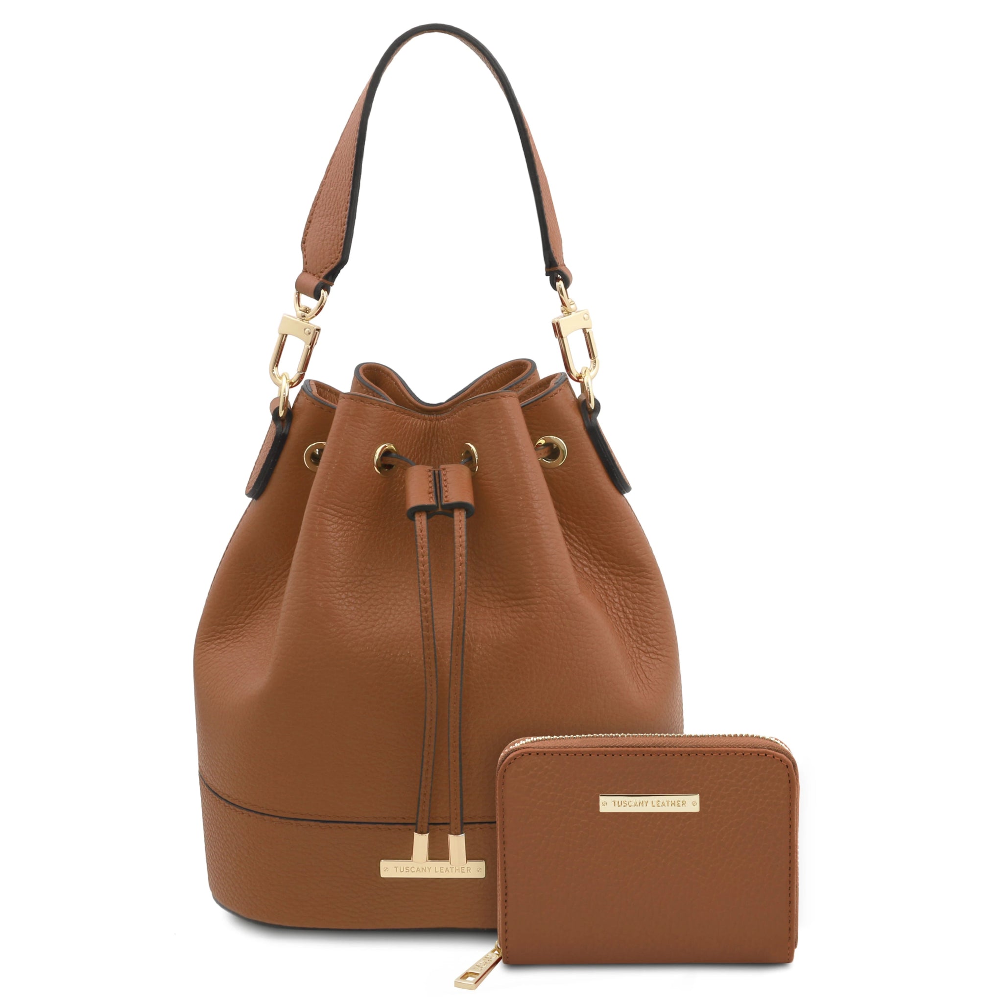 Panerea Leather Bucket Bag and Exclusive Zip Around Leather Wallet in Cognac