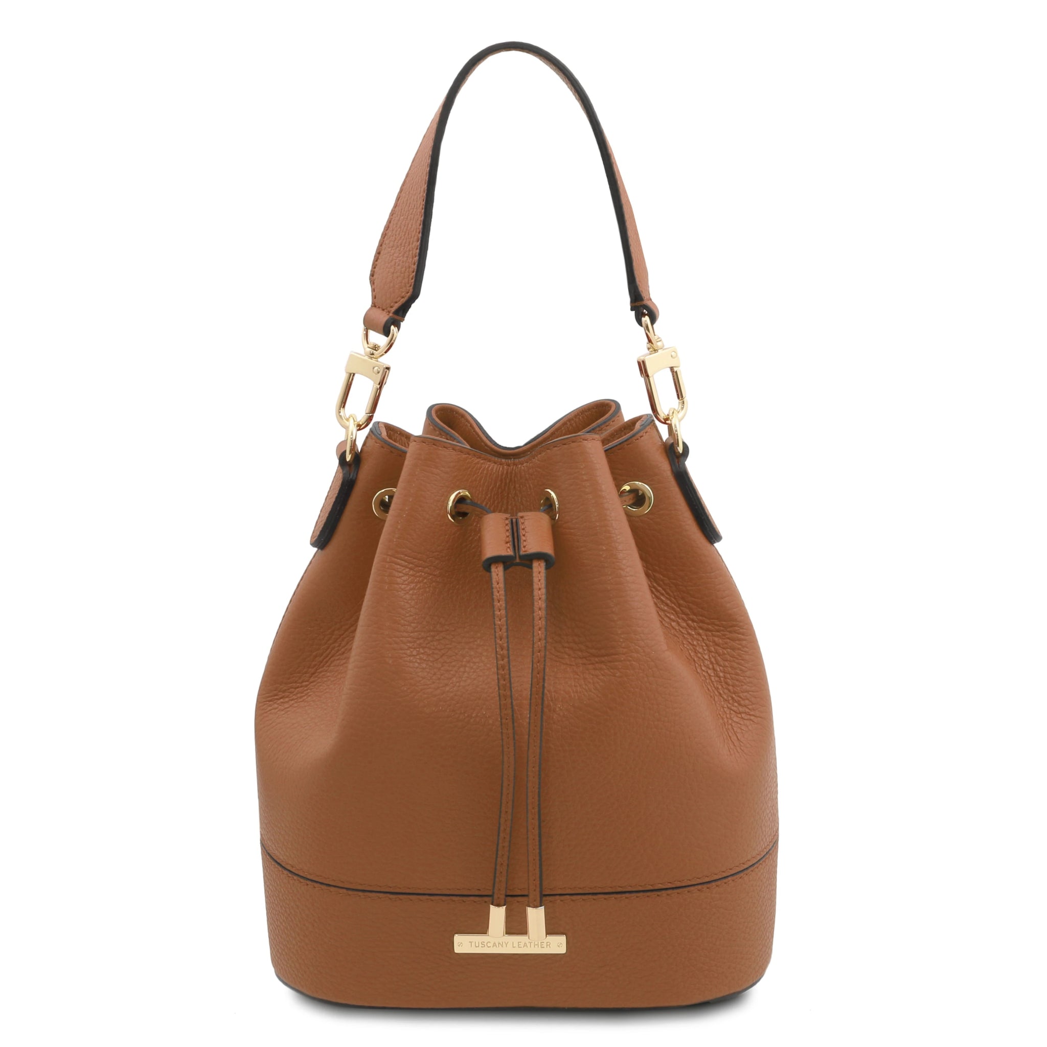 Front view Panerea Leather Bucket Bag in Cognac showing drawstring with golden metal pulls and leather with golden metal handle