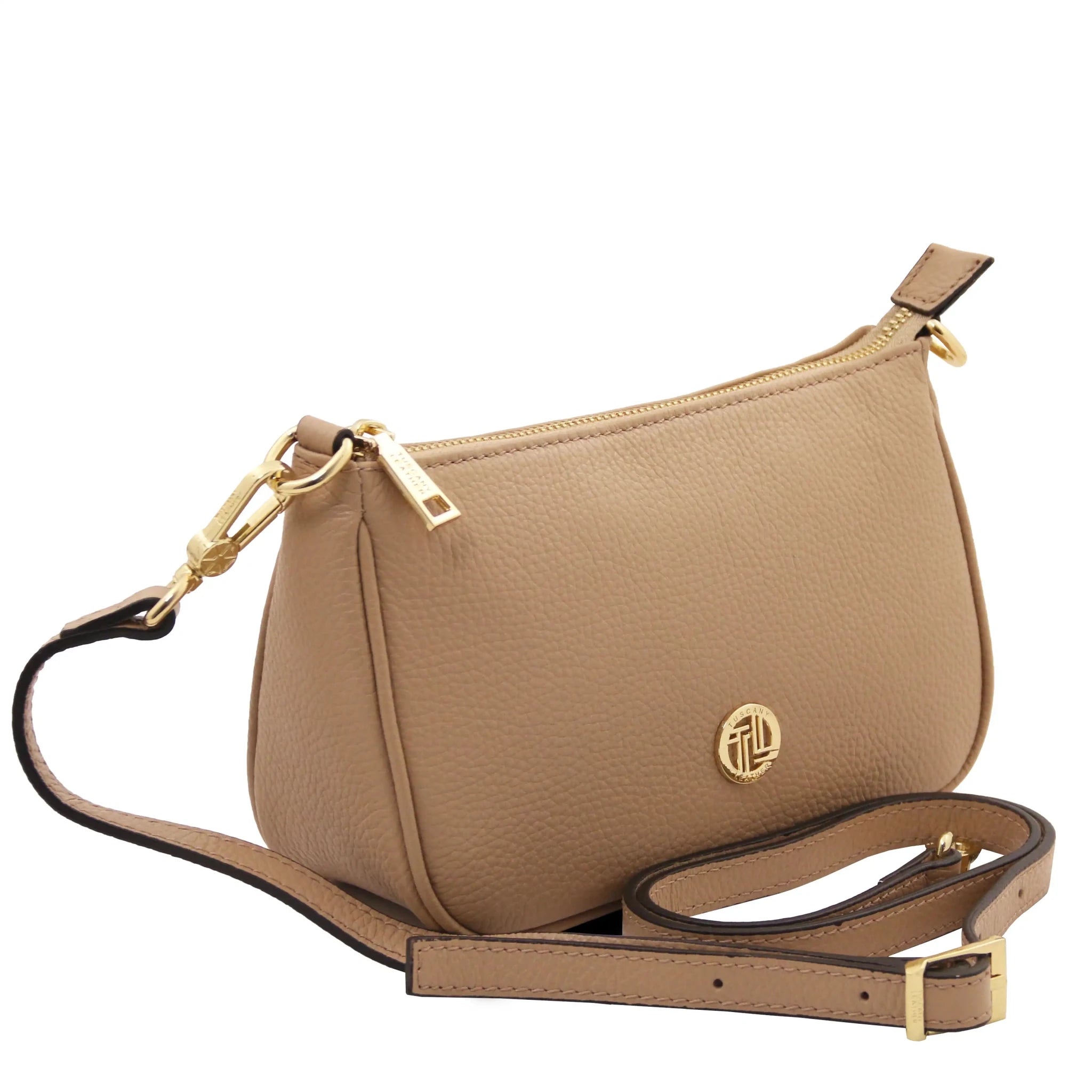 Front angled view Parfait Italian Pebbled Leather Clutch in caramel with shoulder strap