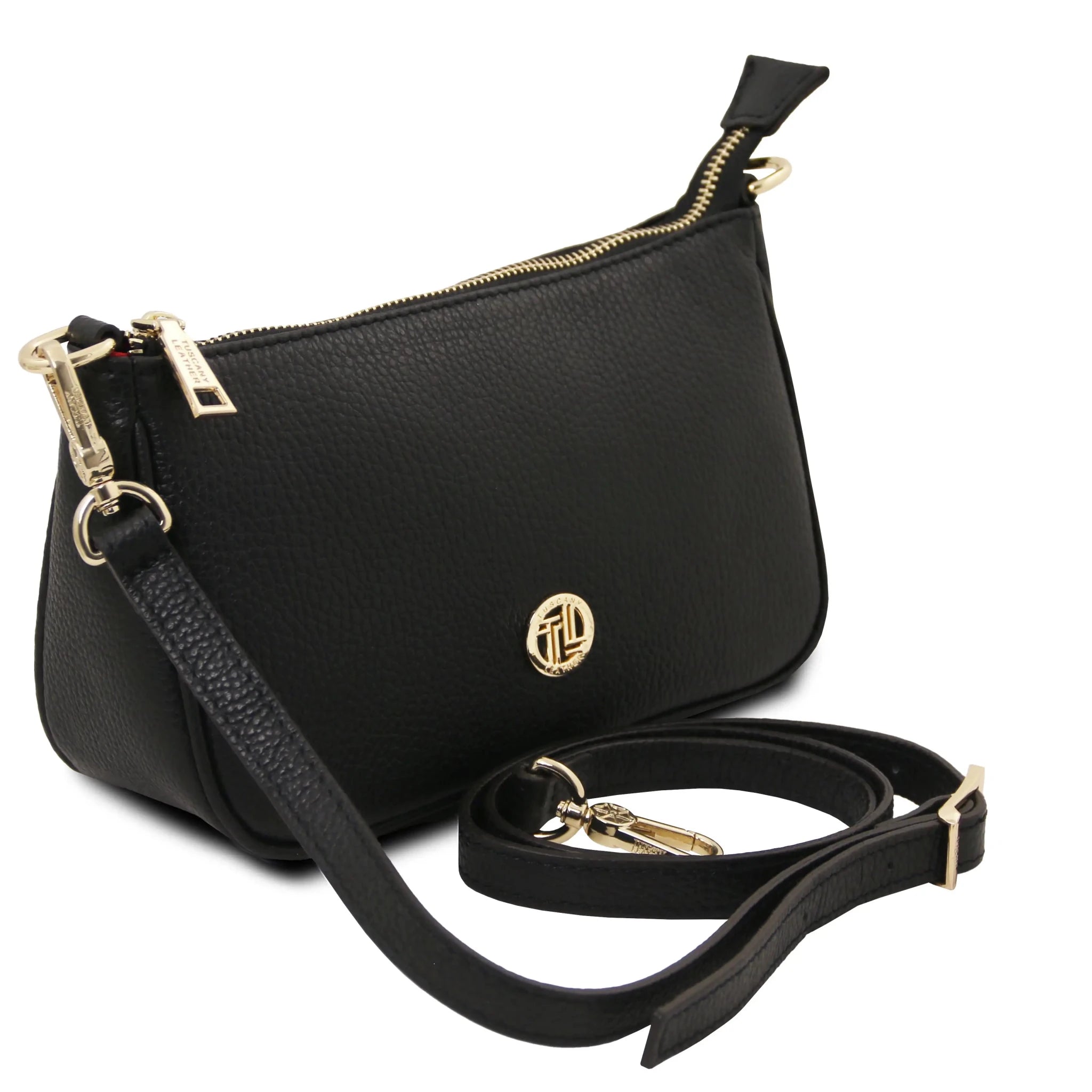 Front angled view Parfait Italian Pebbled Leather Clutch in black with shoulder strap
