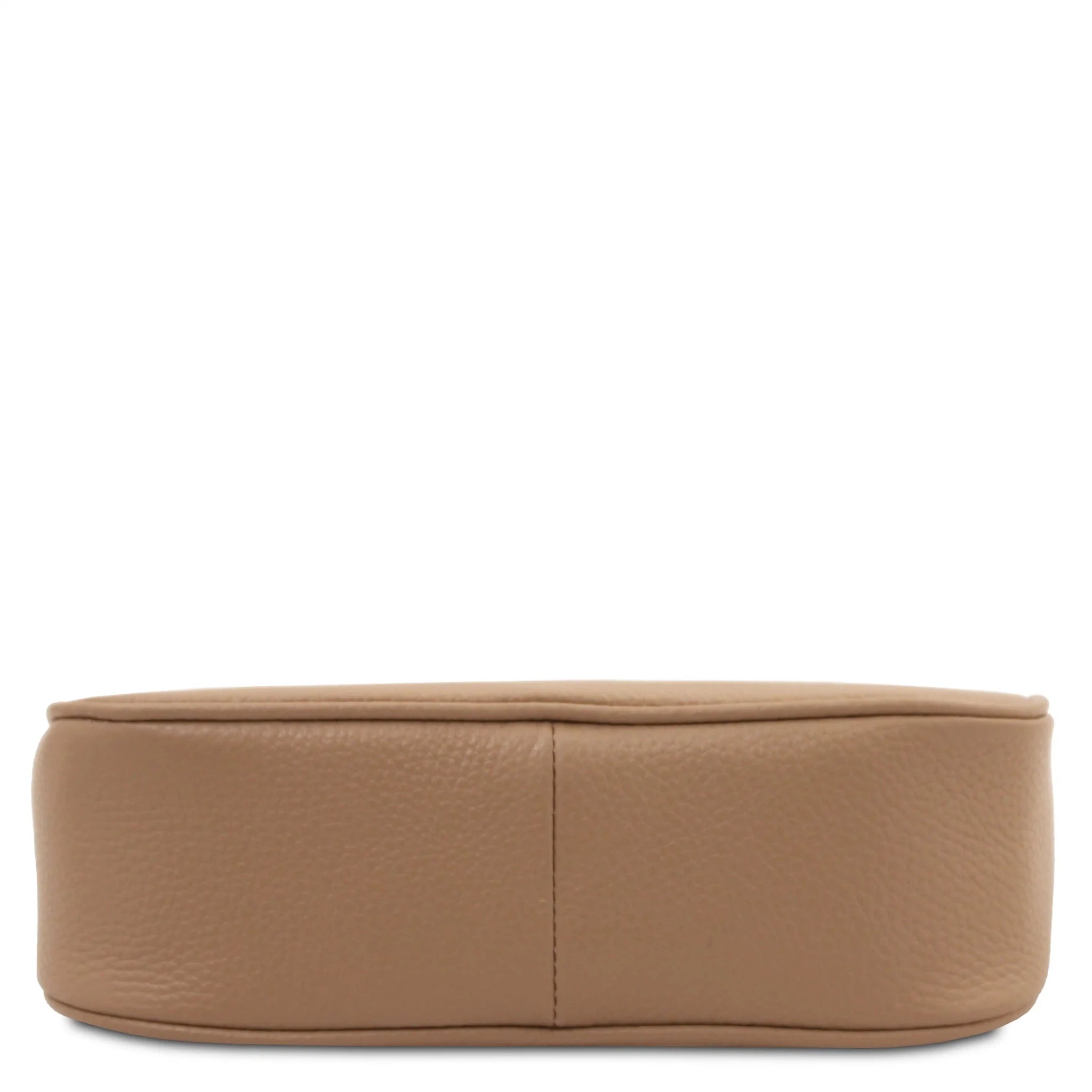 Bottom view Parfait Leather Clutch in caramel on white background