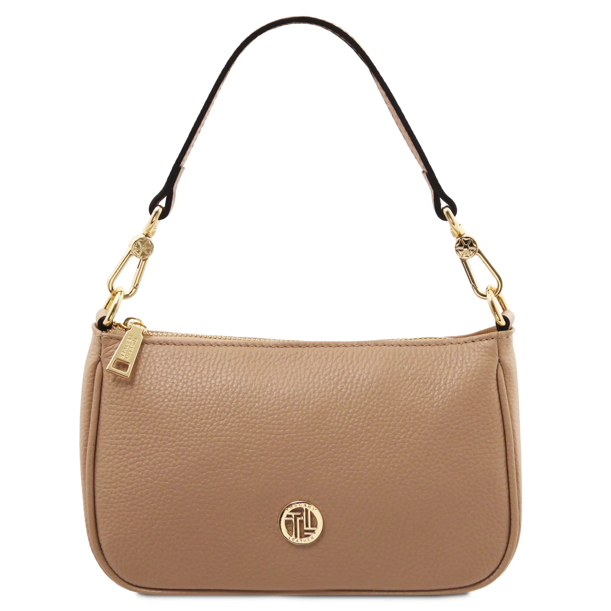 Front view Parfait Leather Clutch in caramel with handle on white background