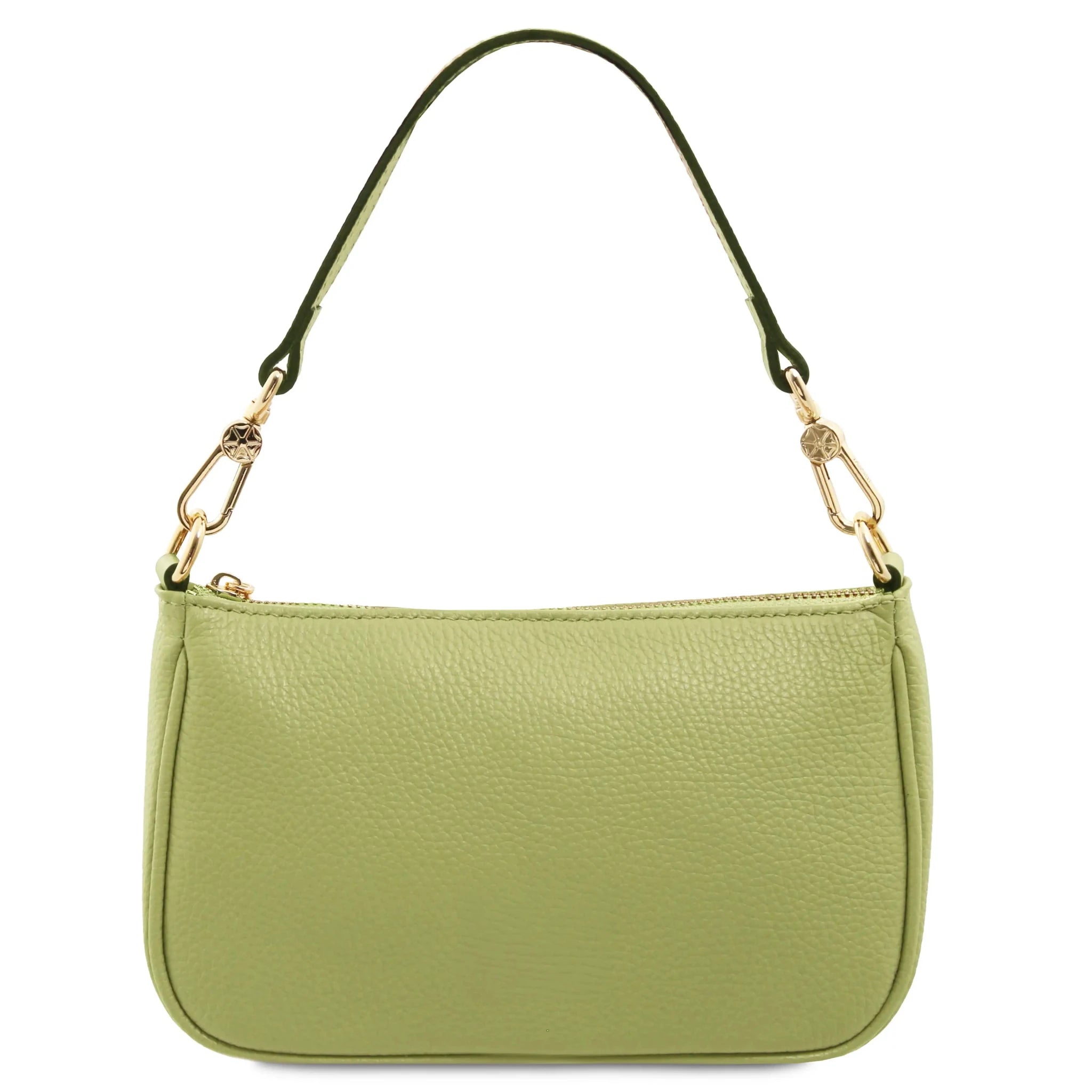 Back view Parfait Italian Leather Clutch in lime green with handle on white background