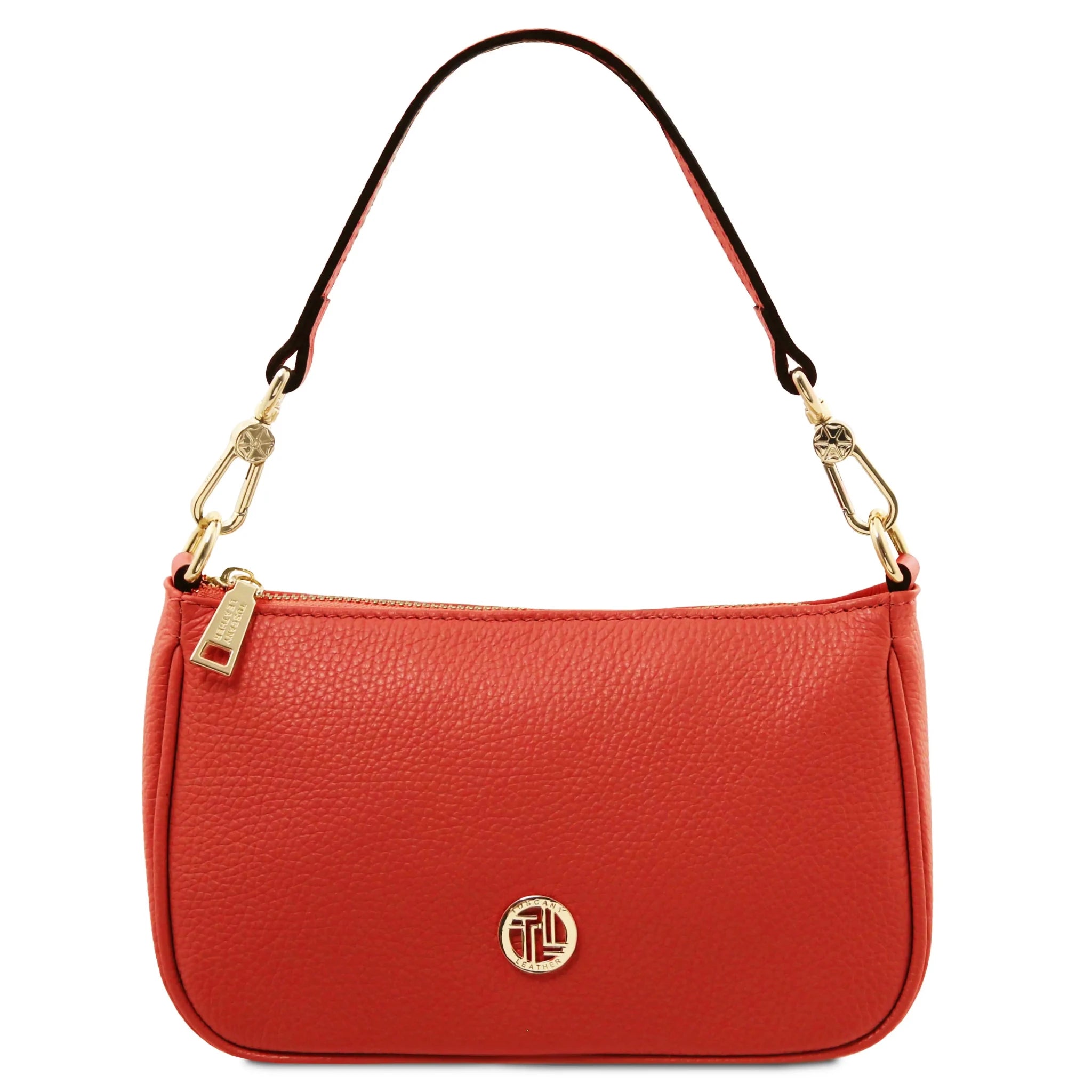 Front view Parfait Leather Clutch in coral with handle on white background