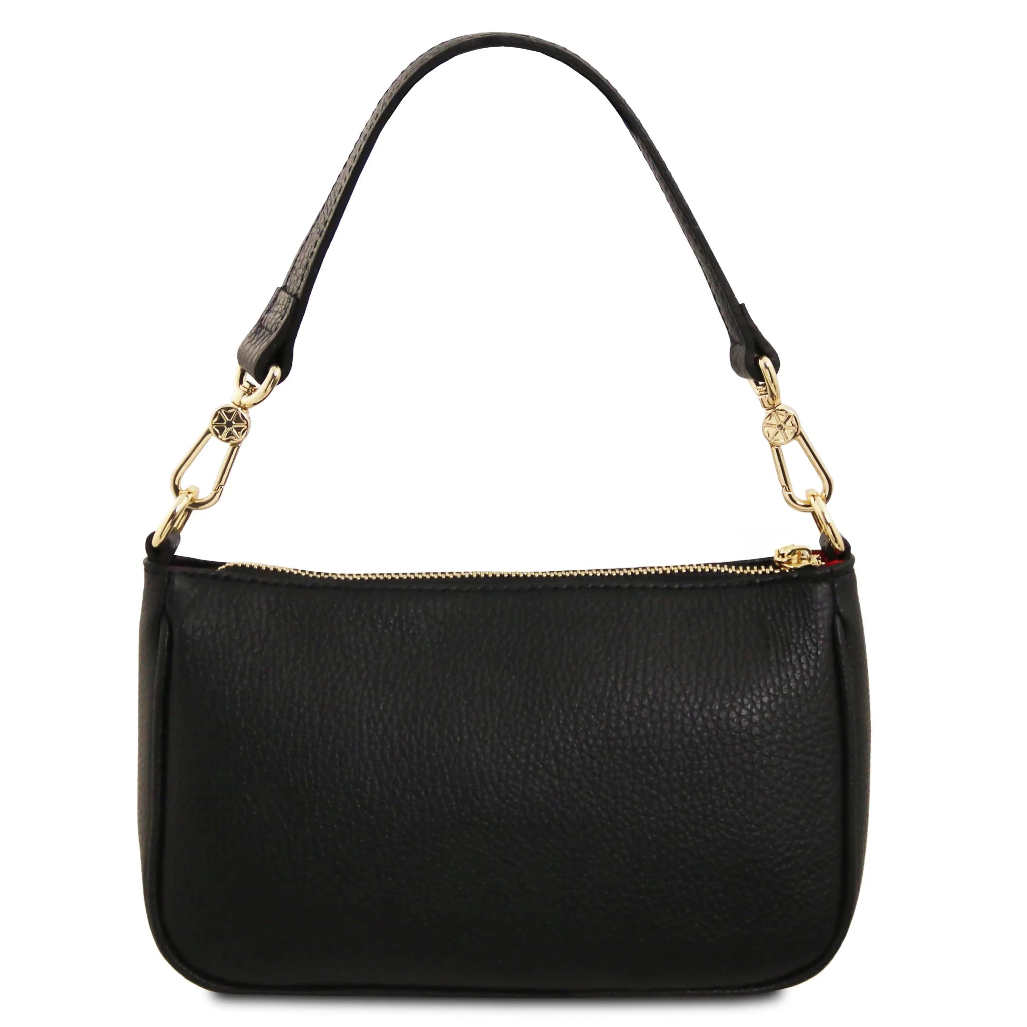 Back view Parfait Italian Leather Clutch in black with handle on white background